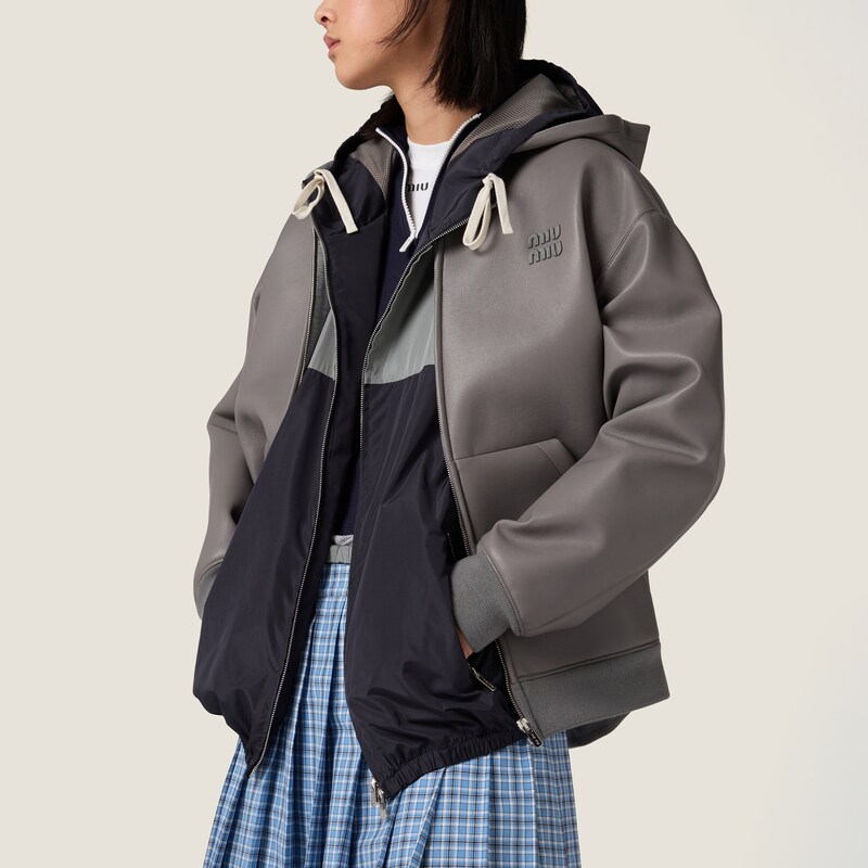 Nappa leather and bonded jersey hoodie jacket