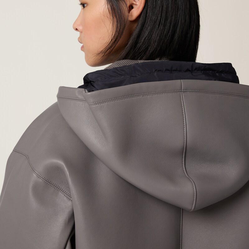 Nappa leather and bonded jersey hoodie jacket