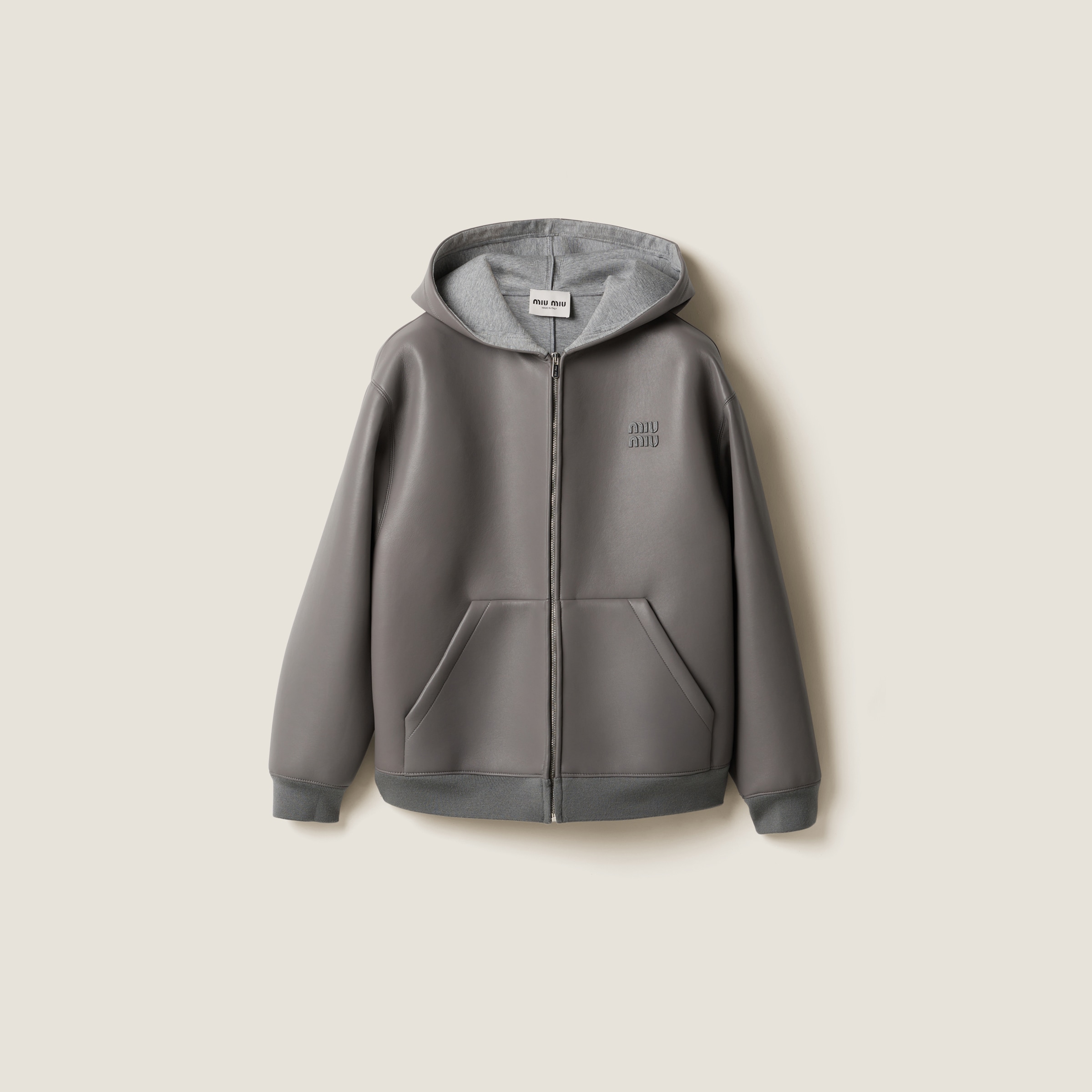 Miu Miu Nappa Leather And Bonded Jersey Hoodie Jacket In Marble Gray