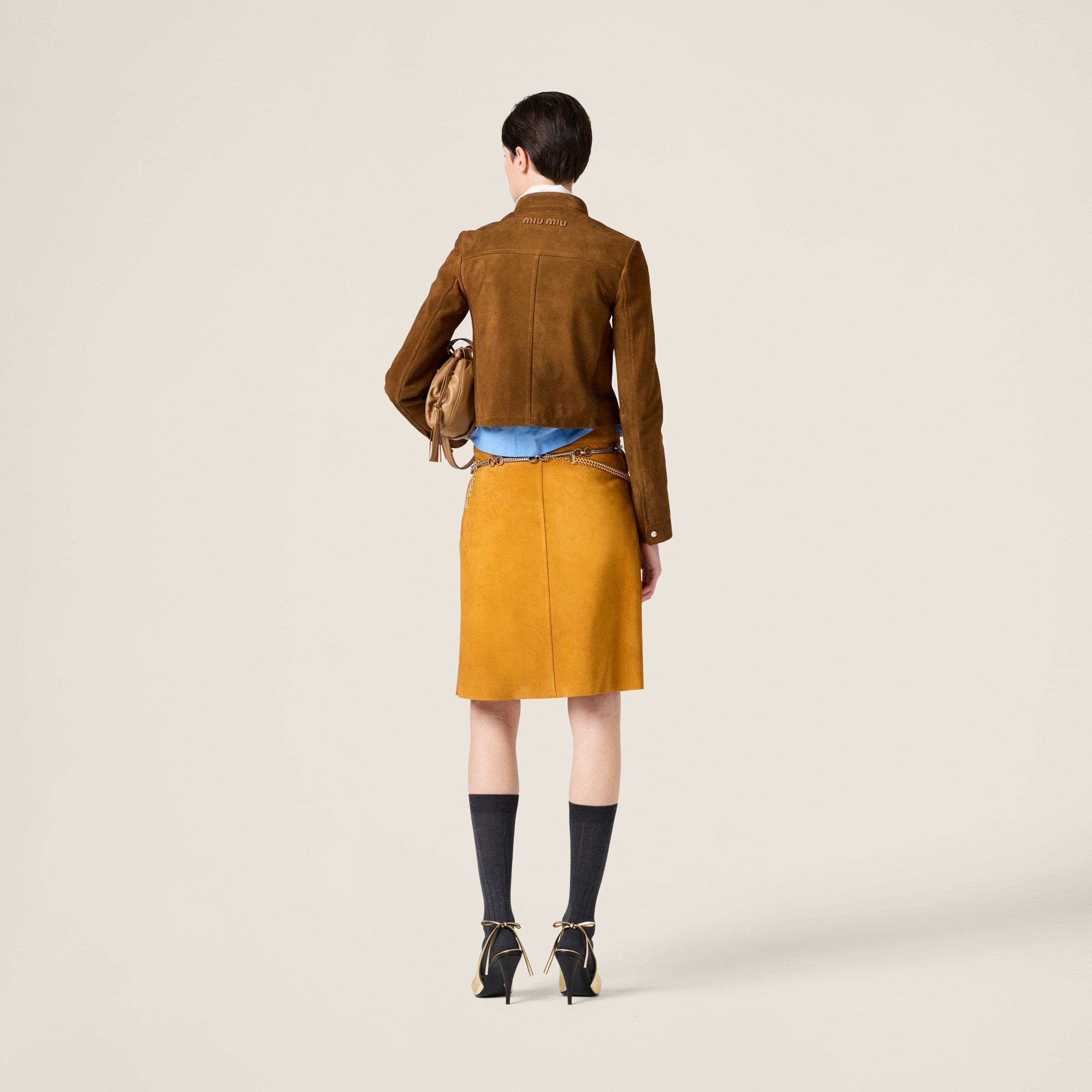 Miu Miu Long Sleeve Zip Up Jacket With Collar In Olive Green