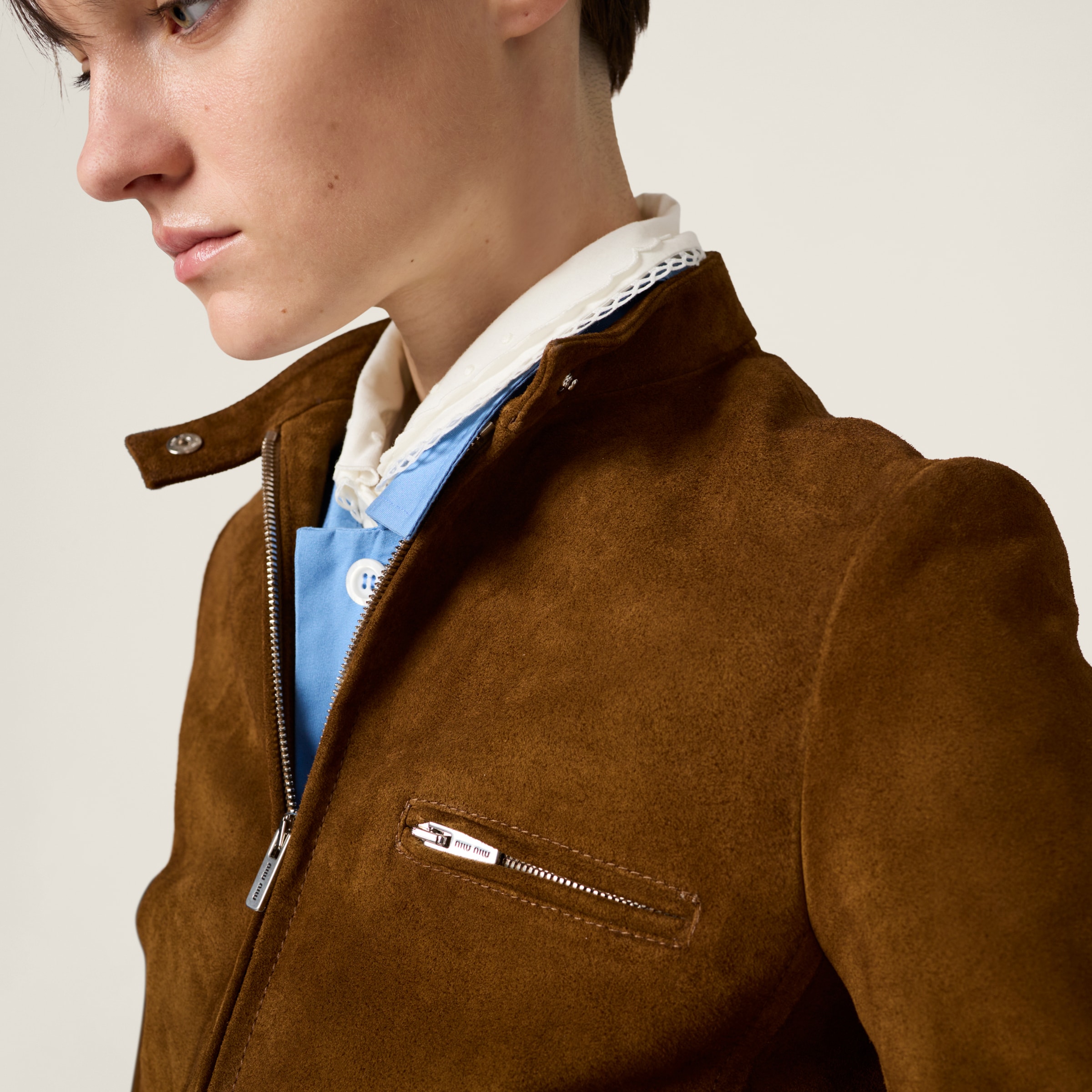 Miu Miu Long Sleeve Zip Up Jacket With Collar In Olive Green