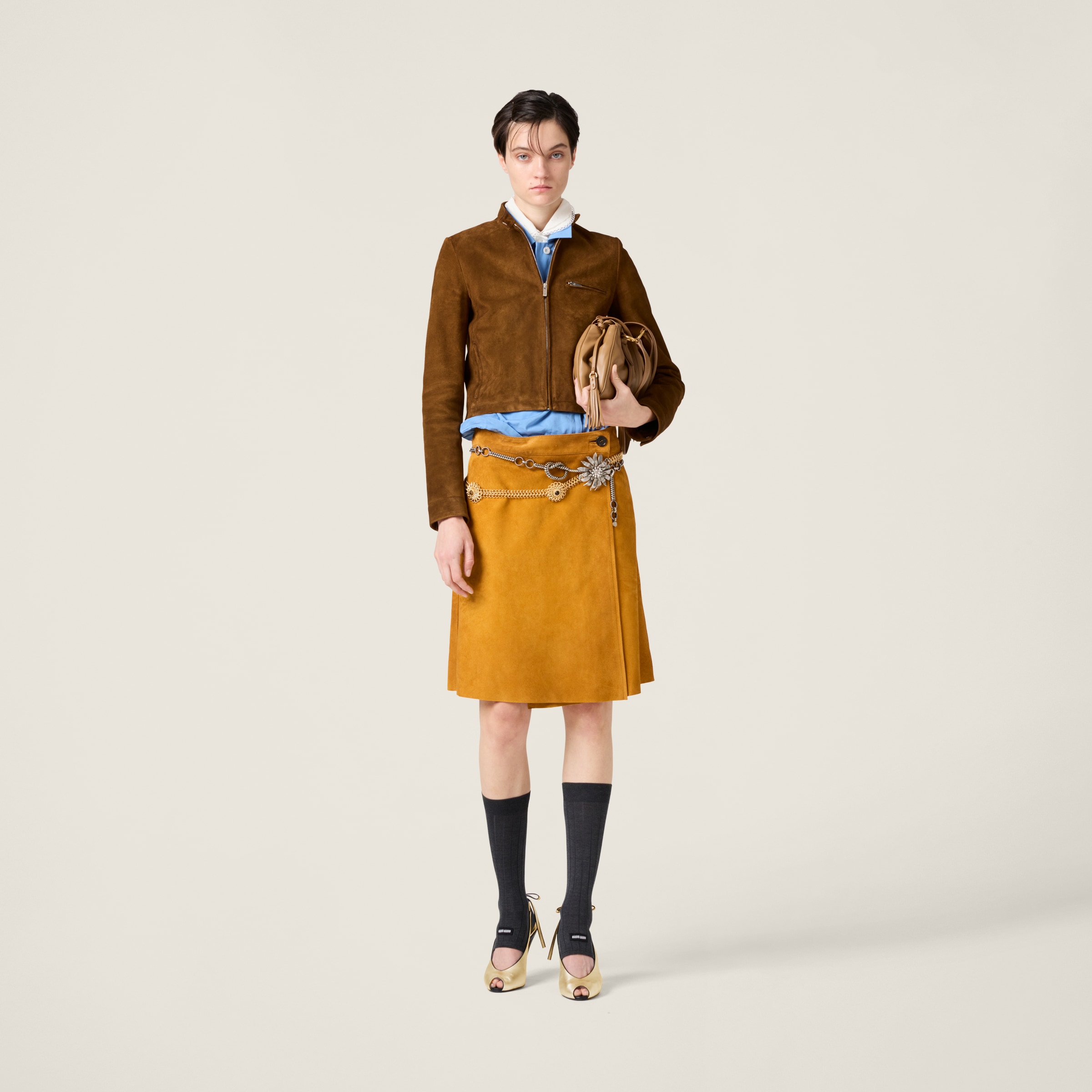 Miu Miu Long Sleeve Zip Up Jacket With Collar In Olive Green