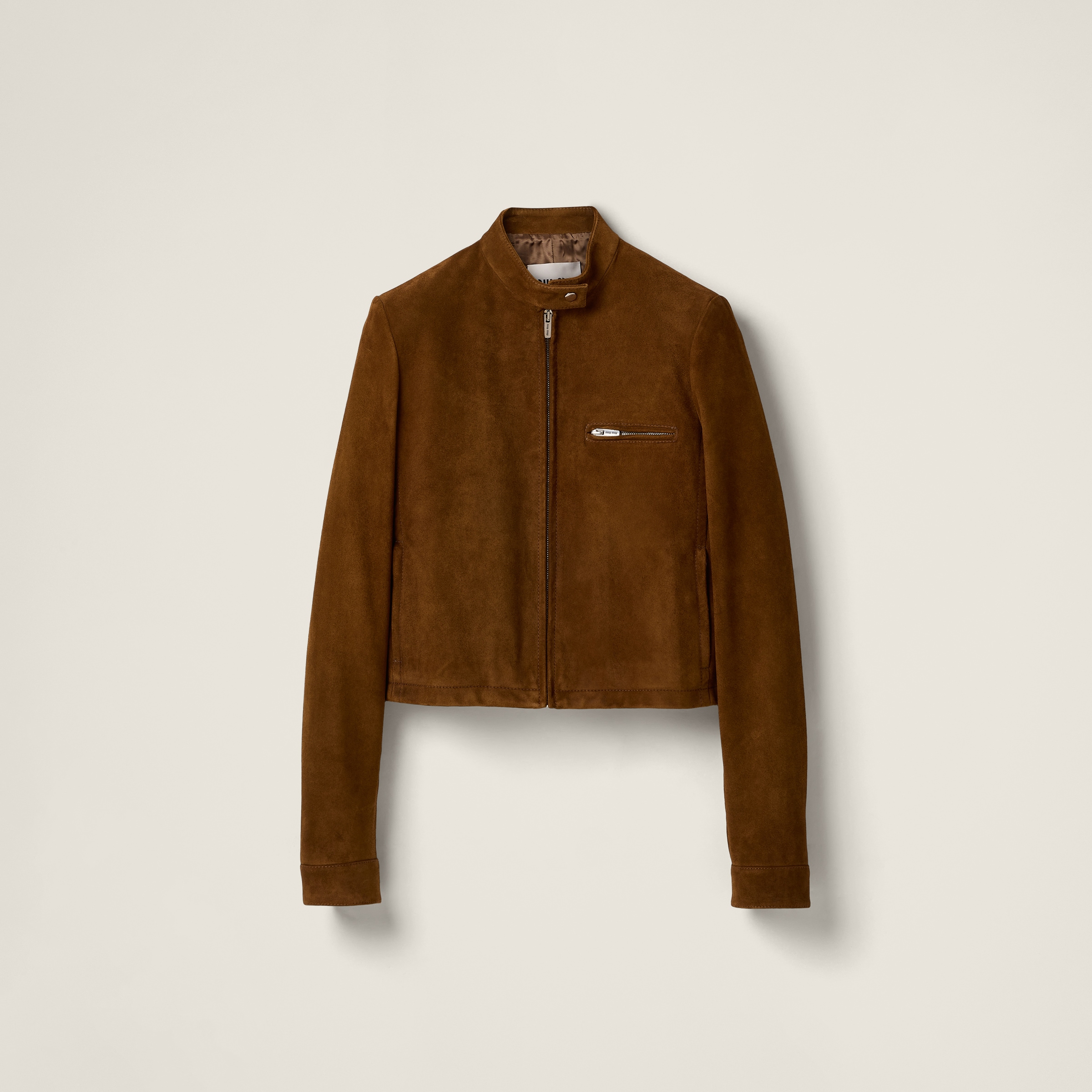 Miu Miu Long Sleeve Zip Up Jacket With Collar In Olive Green