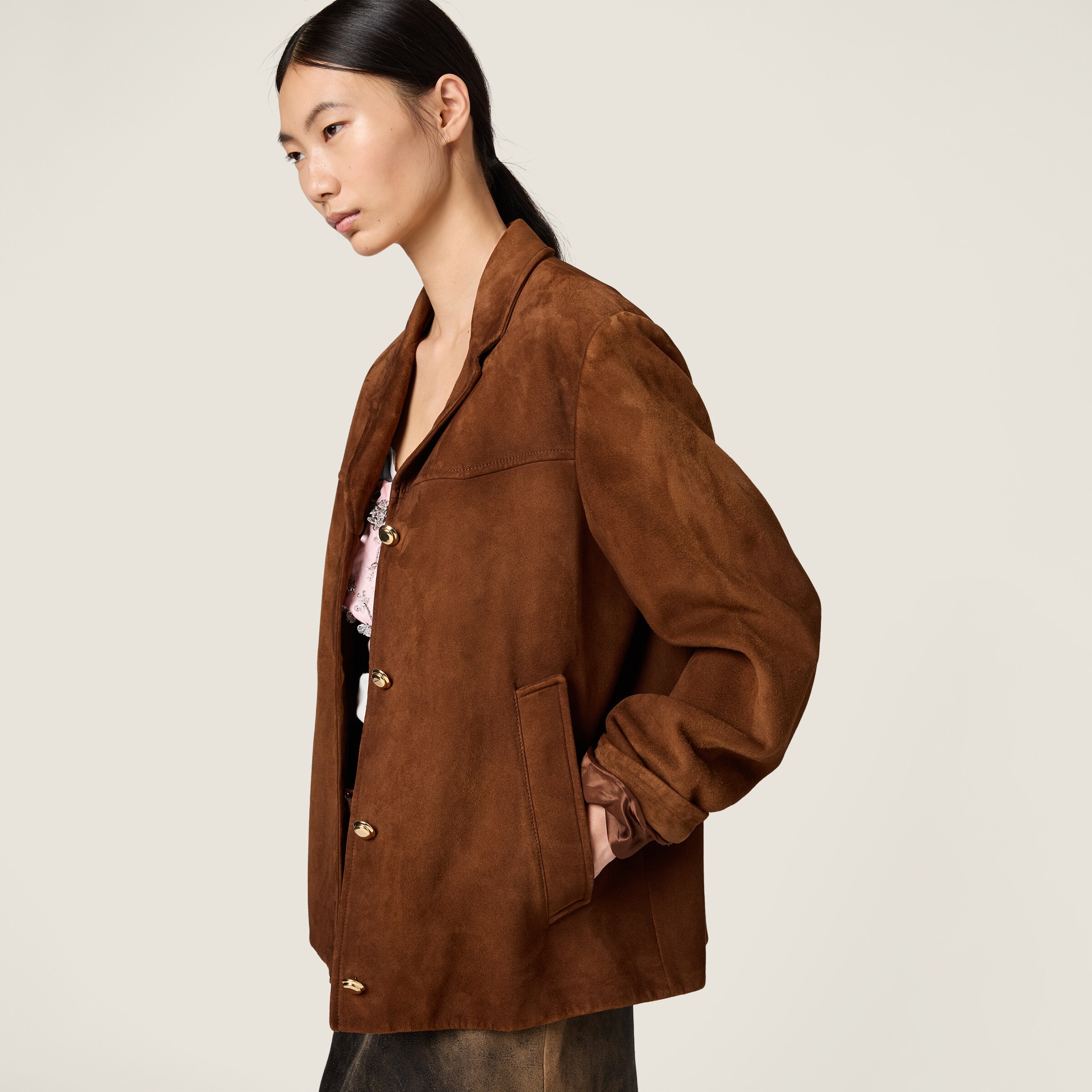 Waxed suede leather blouson jacket - thumbnail 4