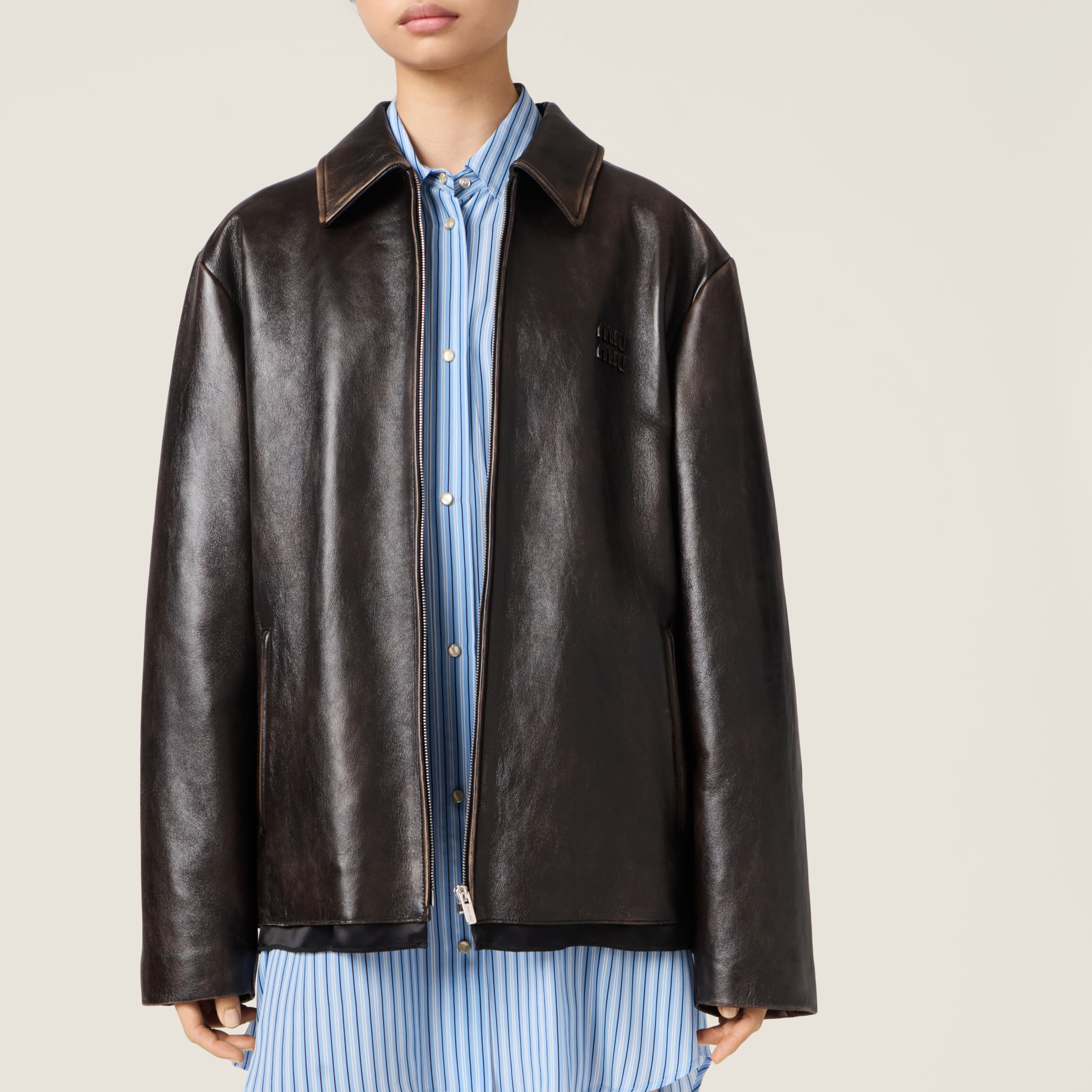 Miu Miu Nappa Leather Jacket In Brown