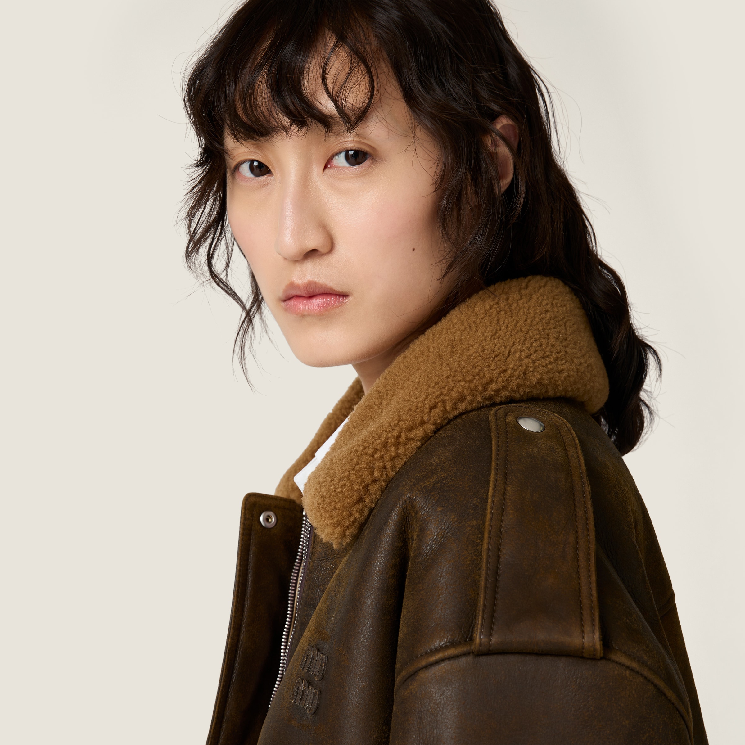 Miu Miu Shearling Blouson Jacket In Brown