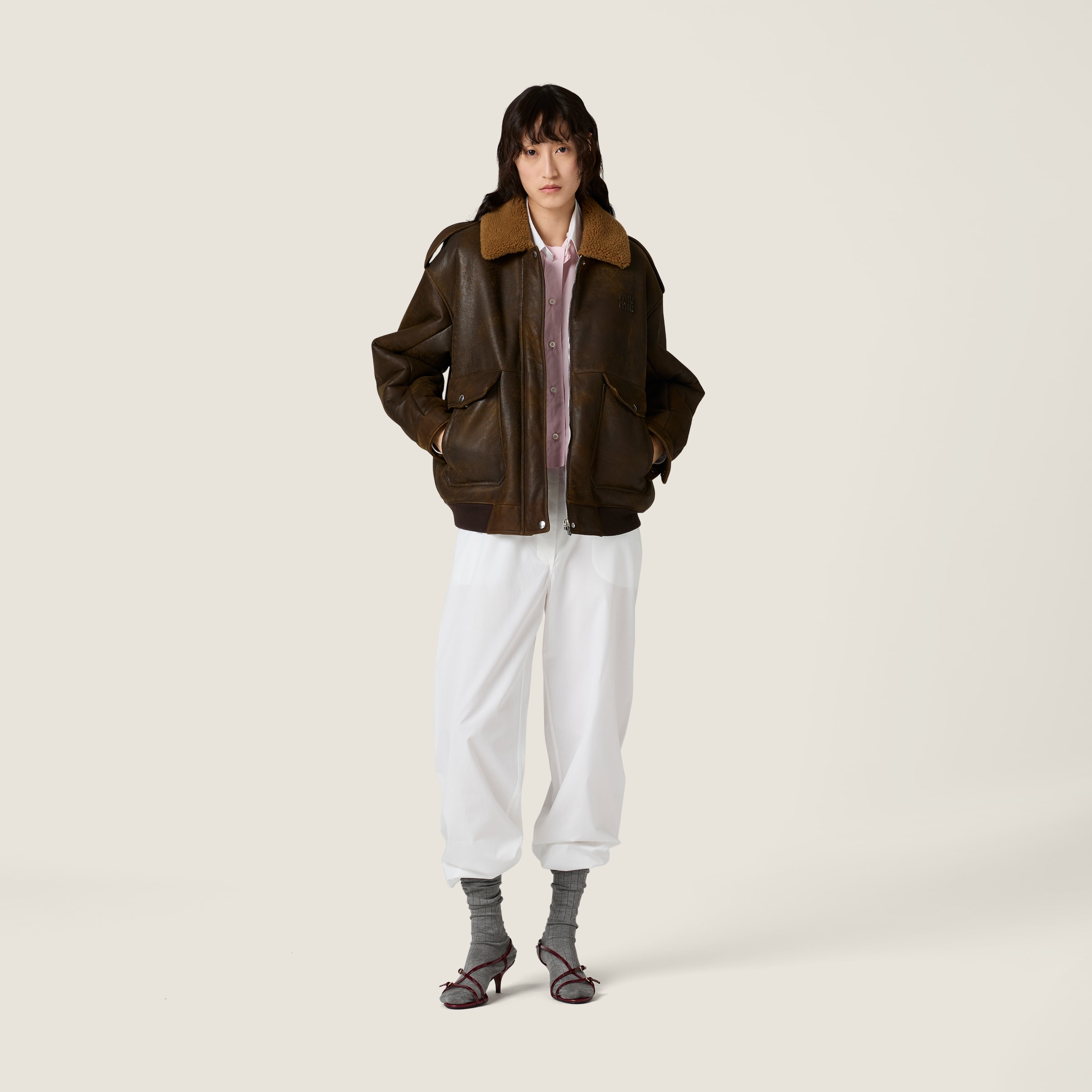 Miu Miu Shearling Blouson Jacket In Brown