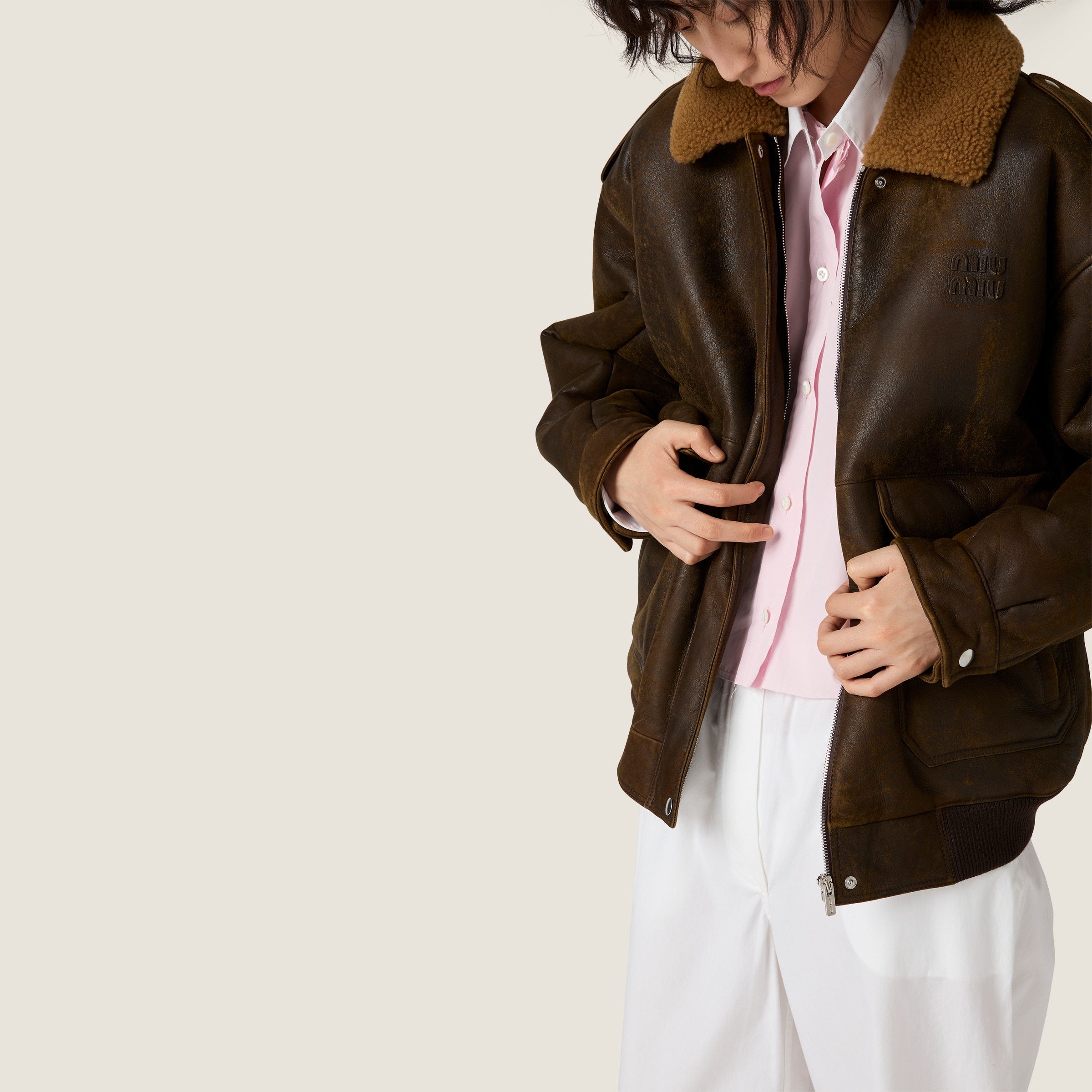 Dark Brown Shearling Blouson Jacket | Miu Miu - United States