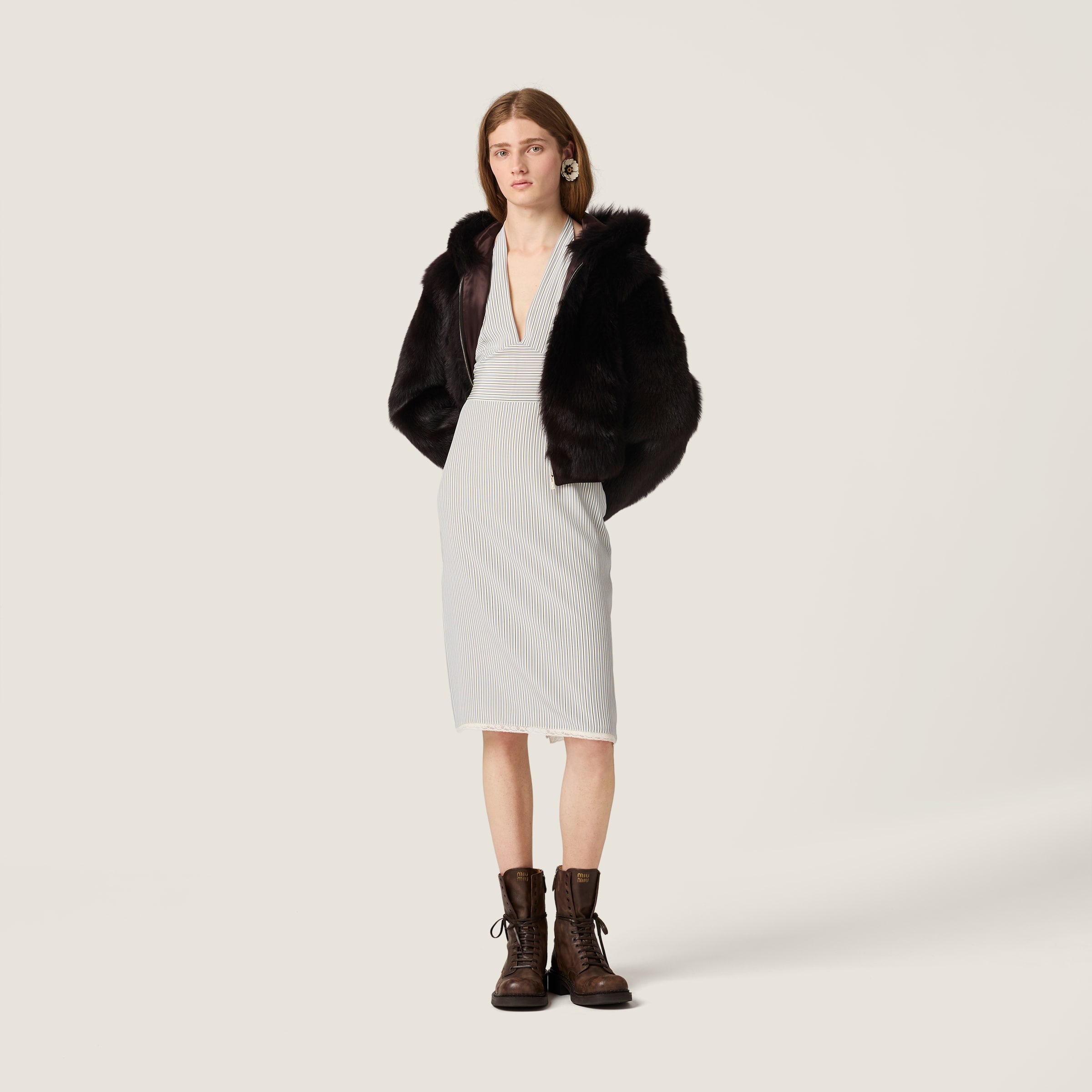 Miu Miu Shearling Hoodie Jacket In Black