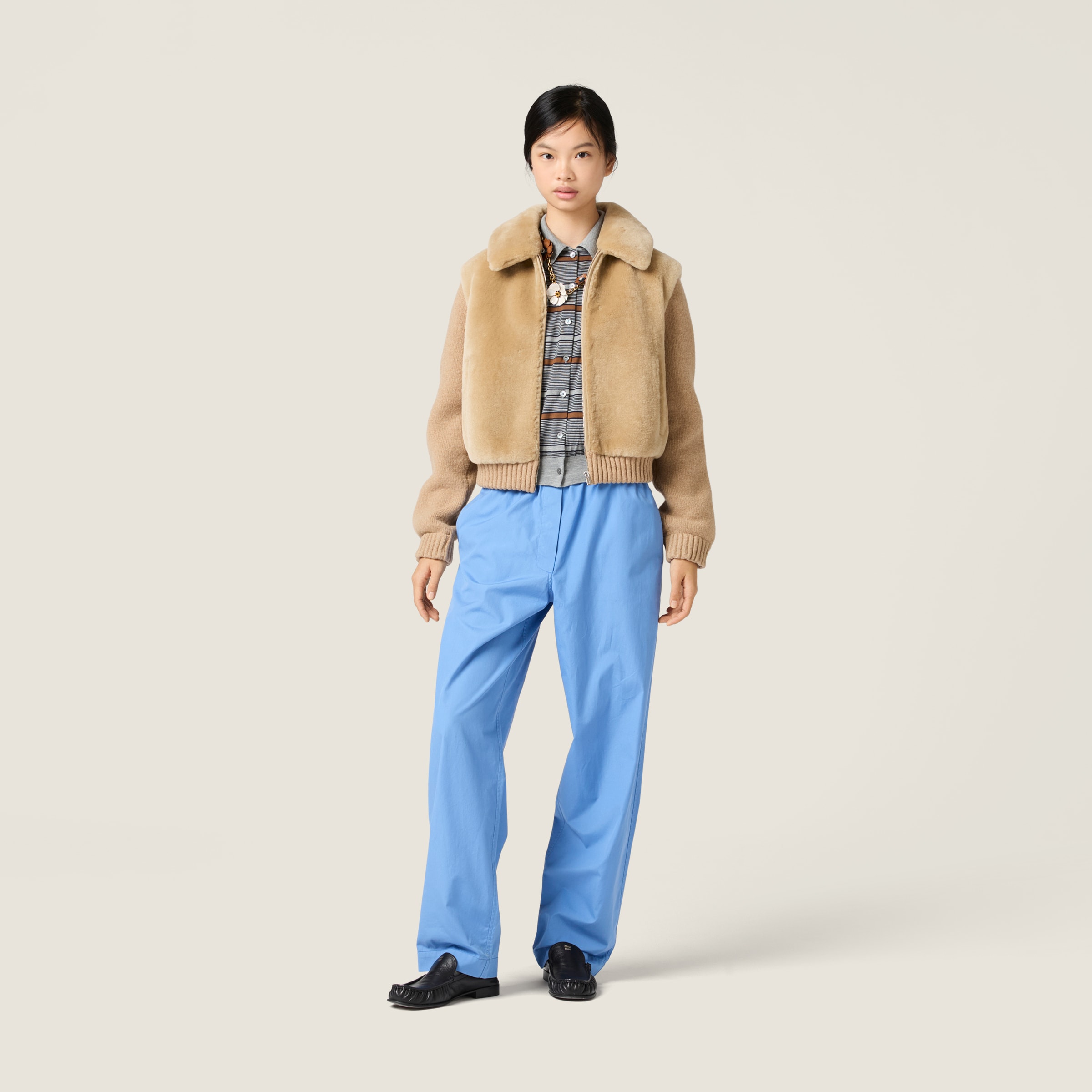 Miu Miu Shearling And Knit Blouson Jacket In Brown