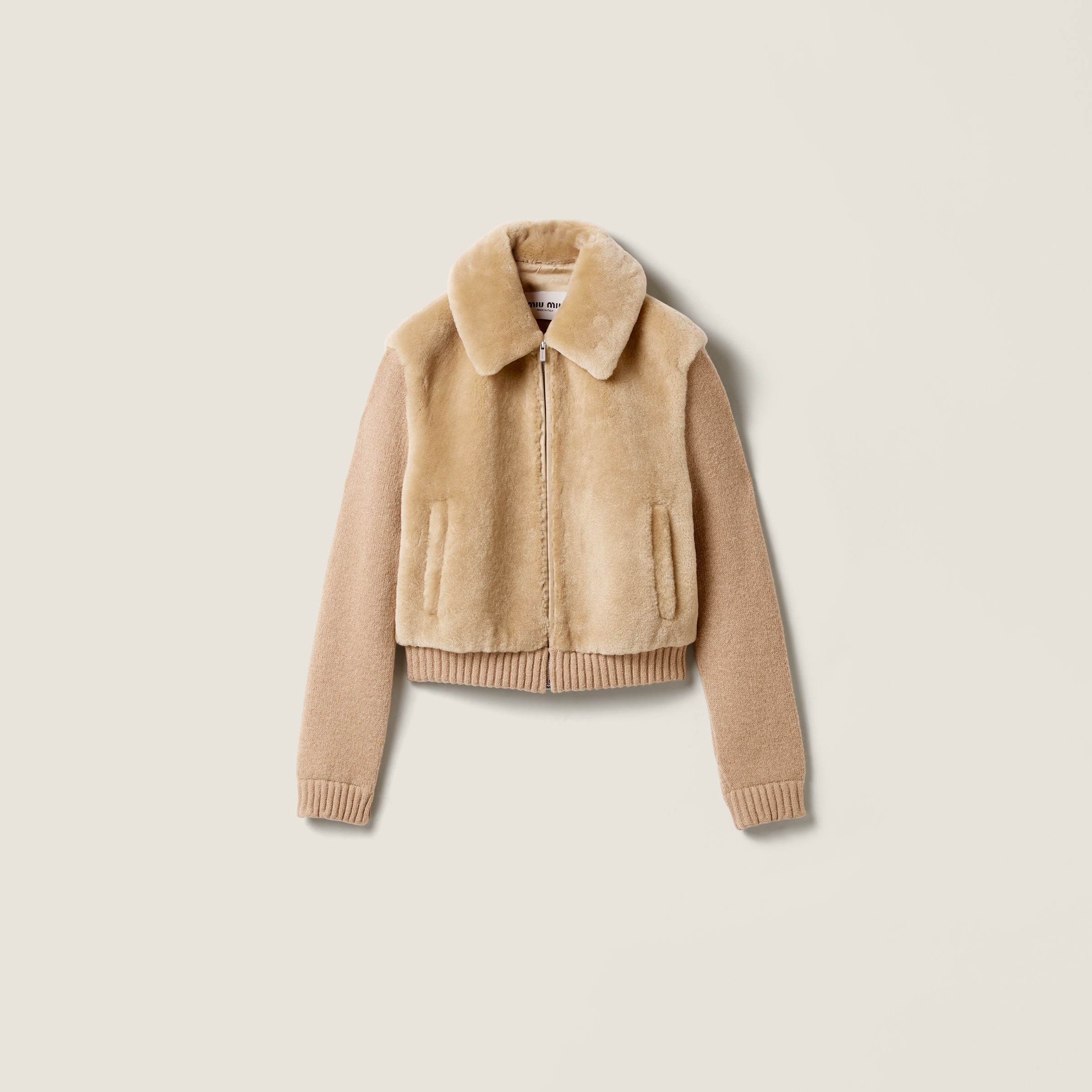 Miu Miu Shearling And Knit Blouson Jacket In Brown