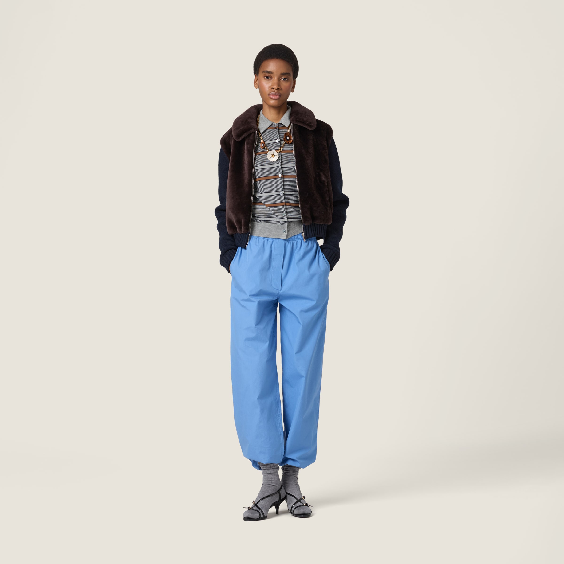 ダークブラウン シアリングxニット ブルゾンジャケット | Miu Miu