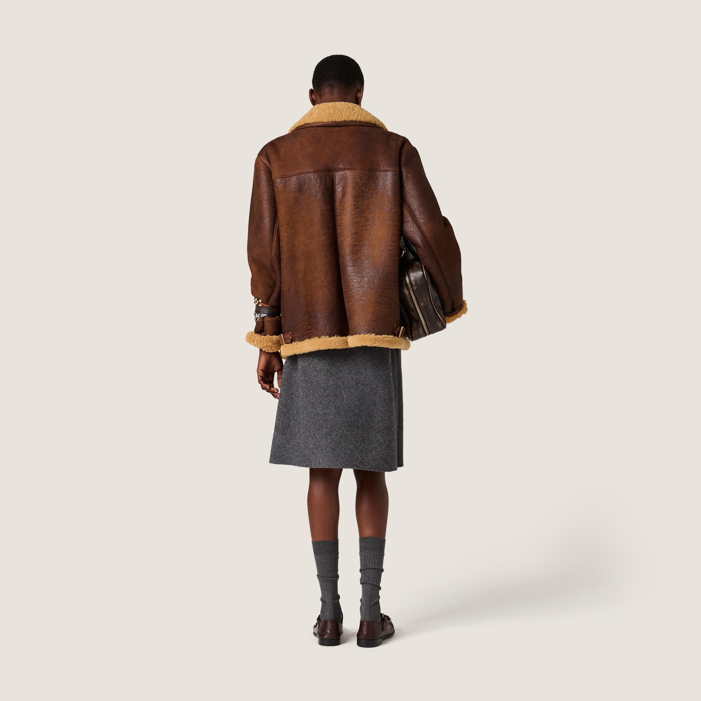 Miu Miu Waxed Shearling Blouson Jacket In Brown