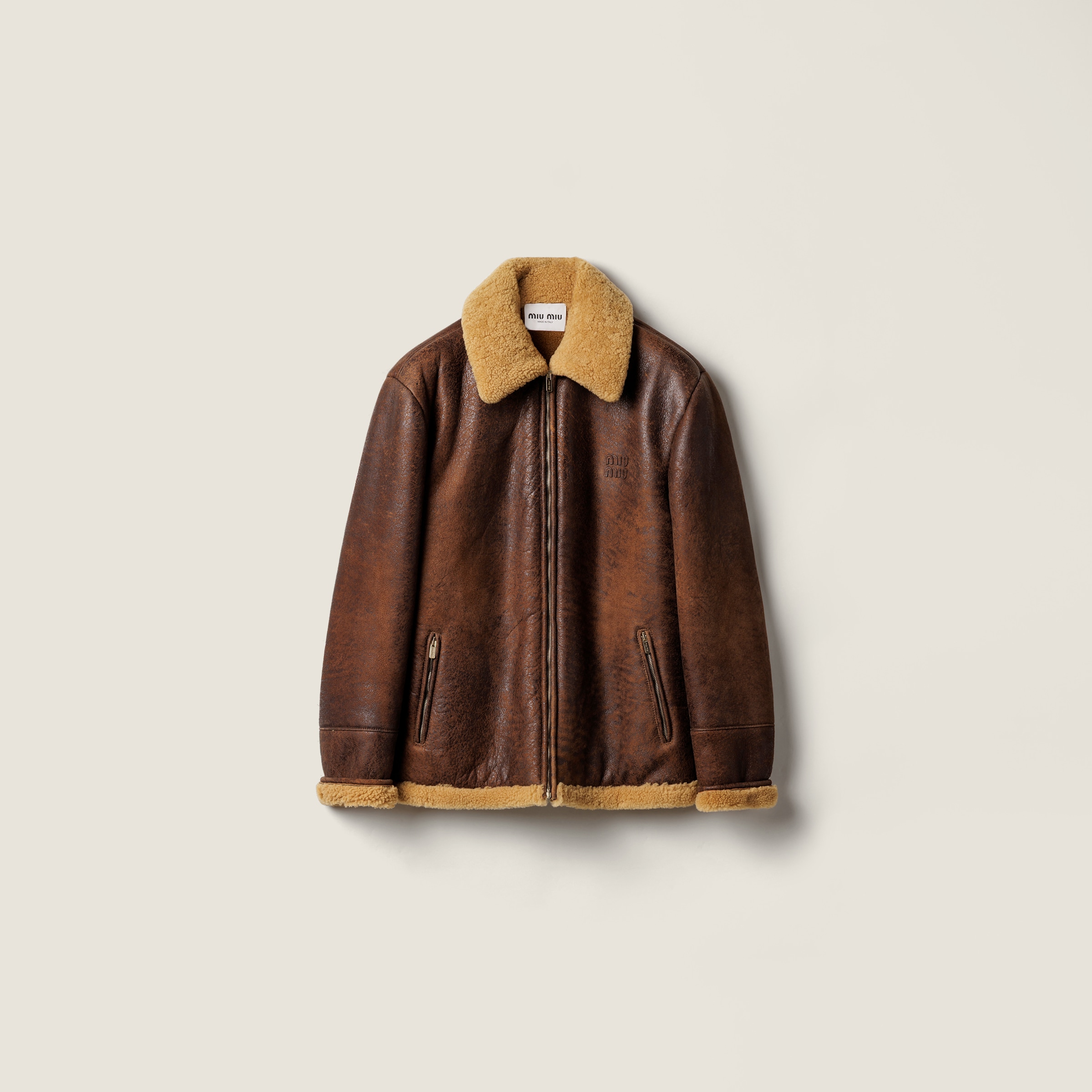 Miu Miu Waxed Shearling Blouson Jacket In Brown