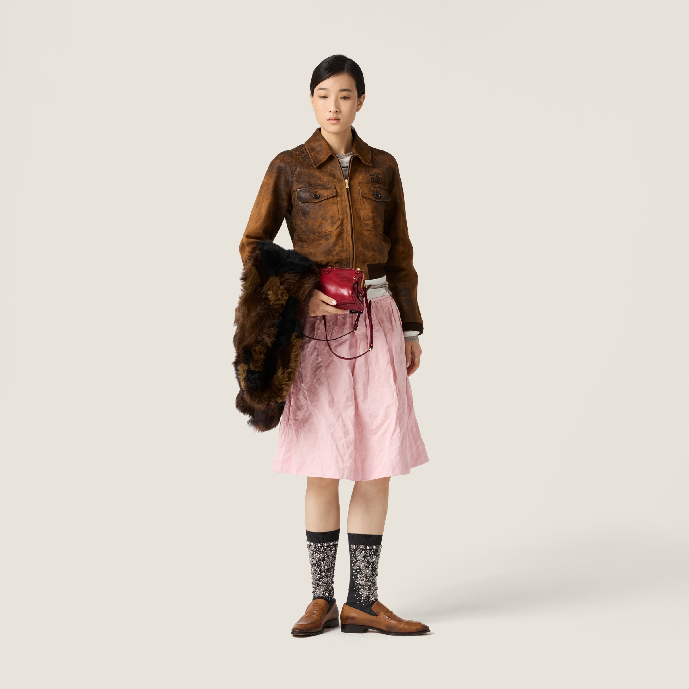 Miu Miu Waxed Suede Leather Jacket In Brown