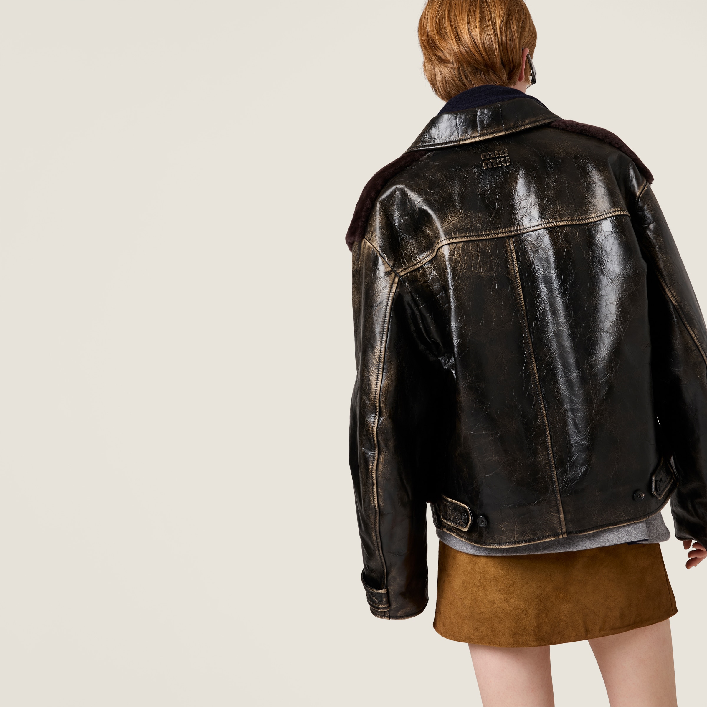 Miu Miu Leather And Shearling Blouson Jacket In Black