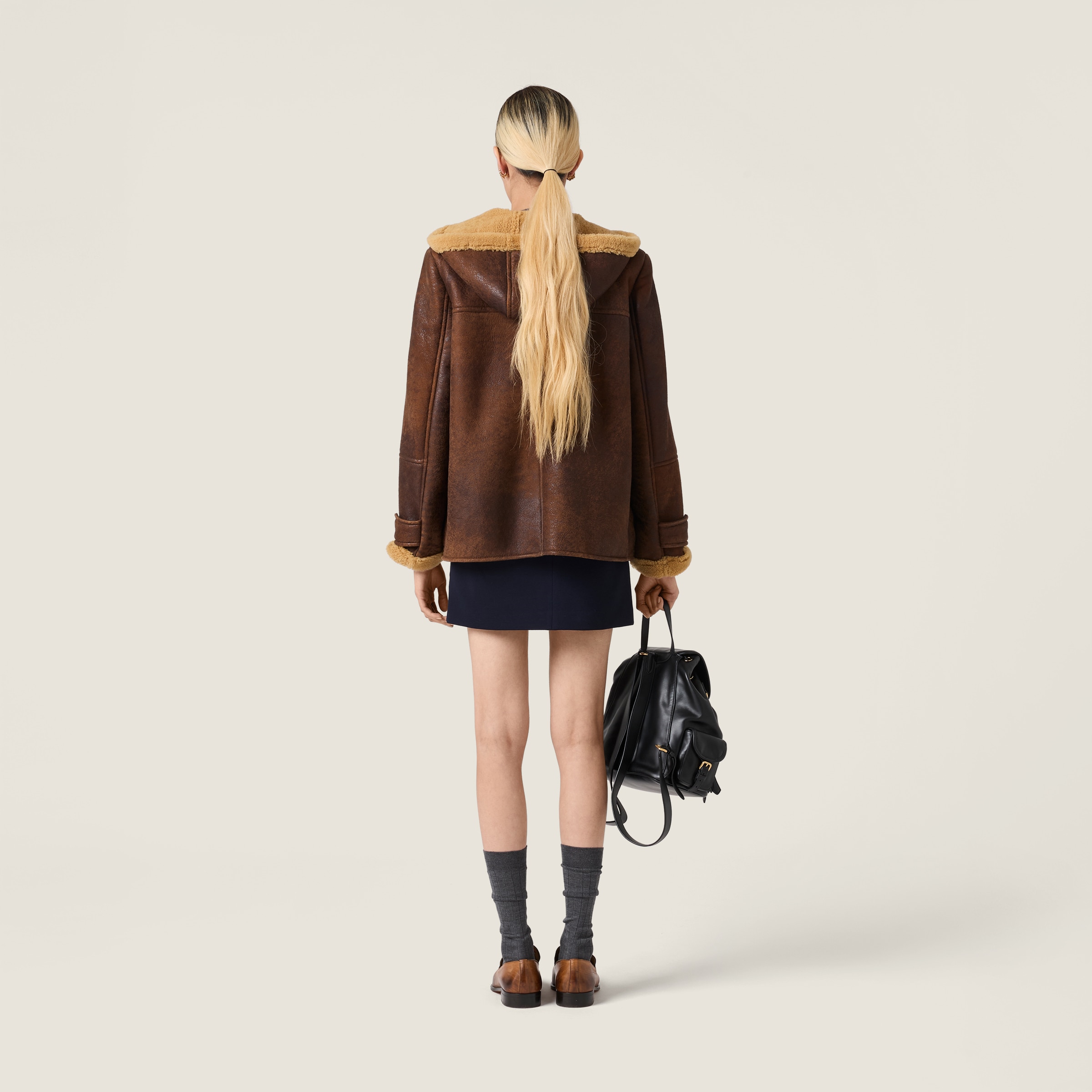 Miu Miu Waxed Shearling Duffle Coat In Brown