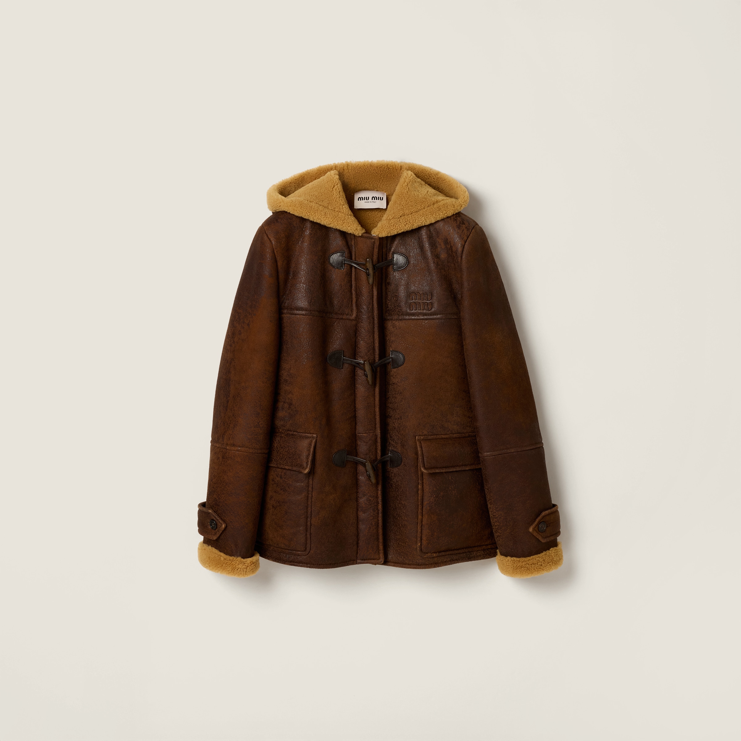 Miu Miu Waxed Shearling Duffle Coat In Brown