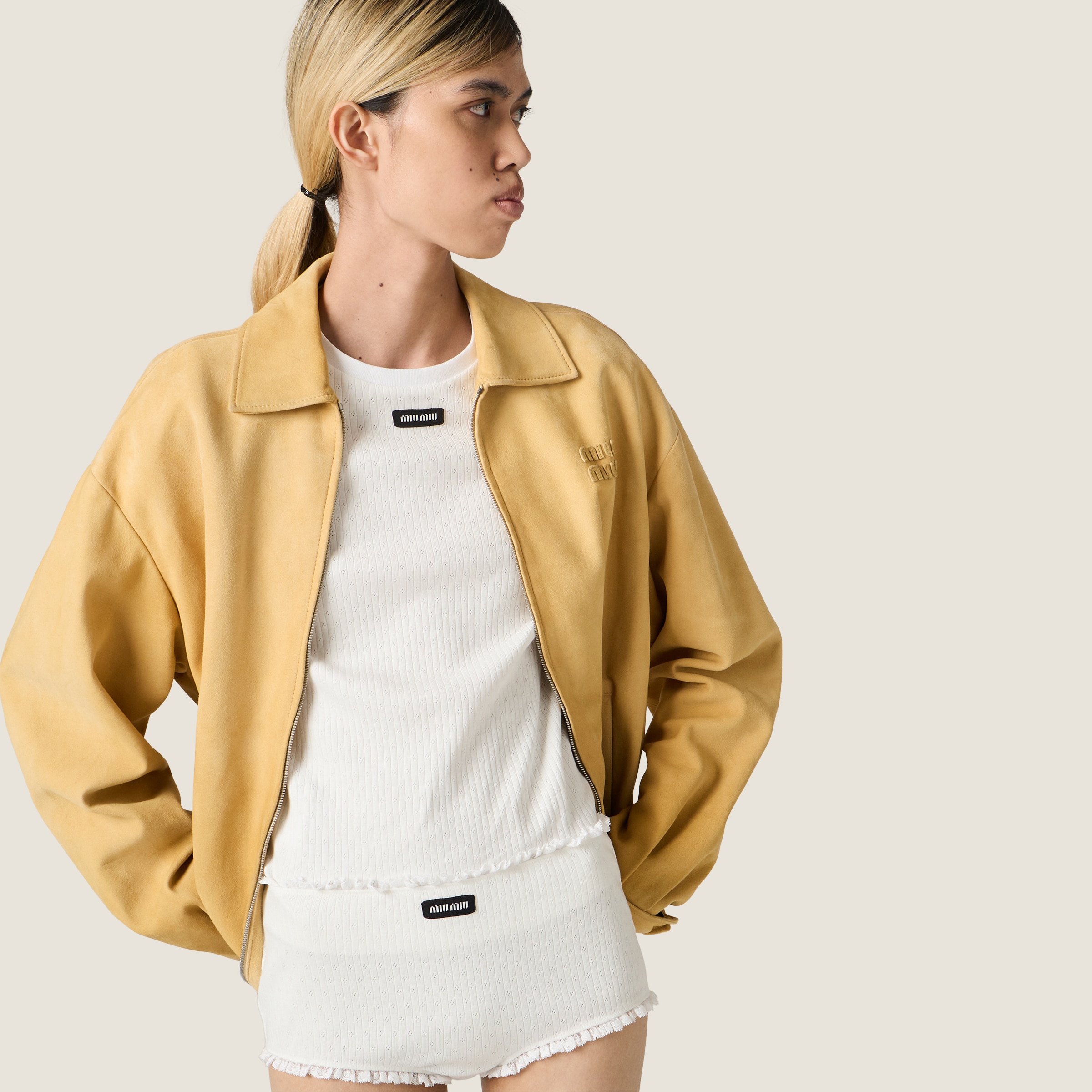 Soy Green Waxed Suede Blouson Jacket | Miu Miu - United States