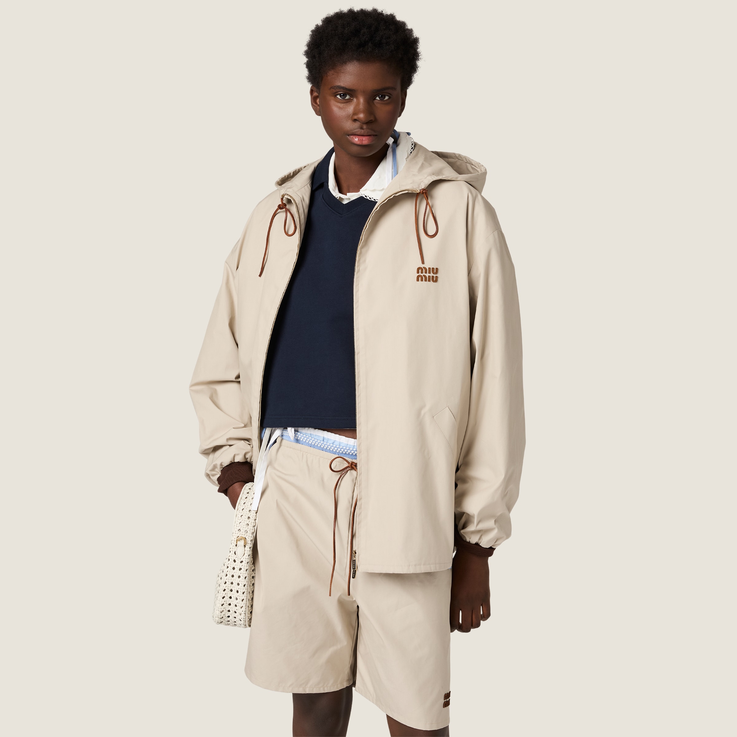 miumiu archive ホルターネック プルオーバー ギャザー タンク Limestone Single-breasted Panama Cotton Caban Jacket | Miu Miu