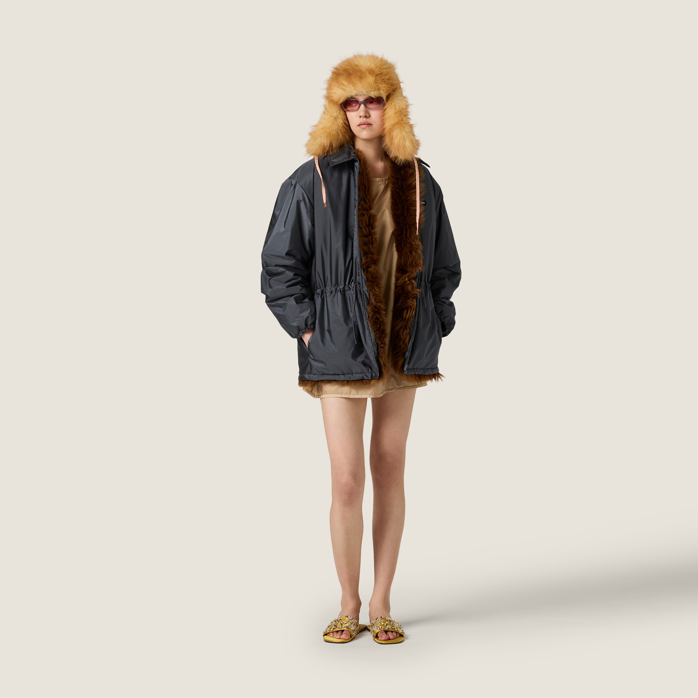 ジャケット・アウター DESSERT CUP FUR BLOUSON miu Hematite Technical Fabric And Shearling Blouson Jacket | Miu Miu