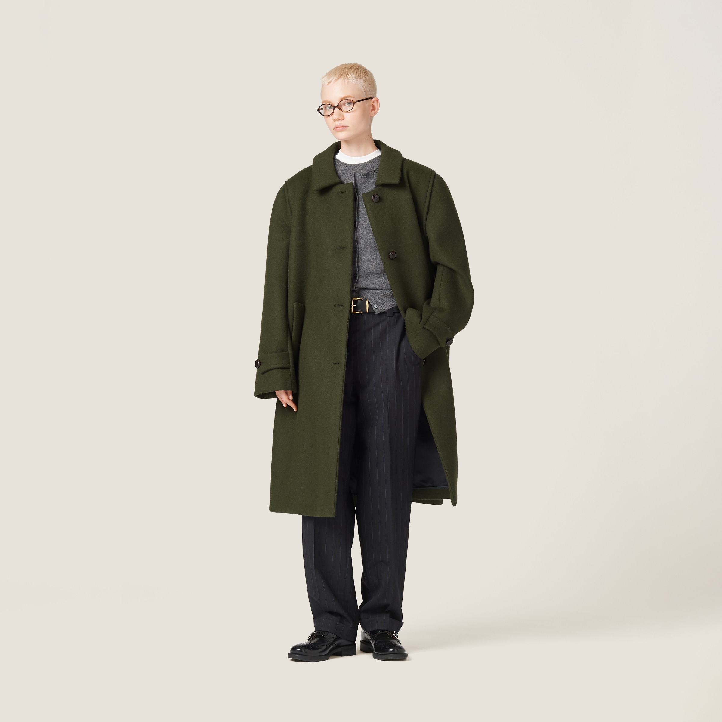 関税込 Single-breasted loden coat MS1980_13OP_F0466_S_232 Loden Green Single-breasted Loden Cloth Coat | Miu Miu