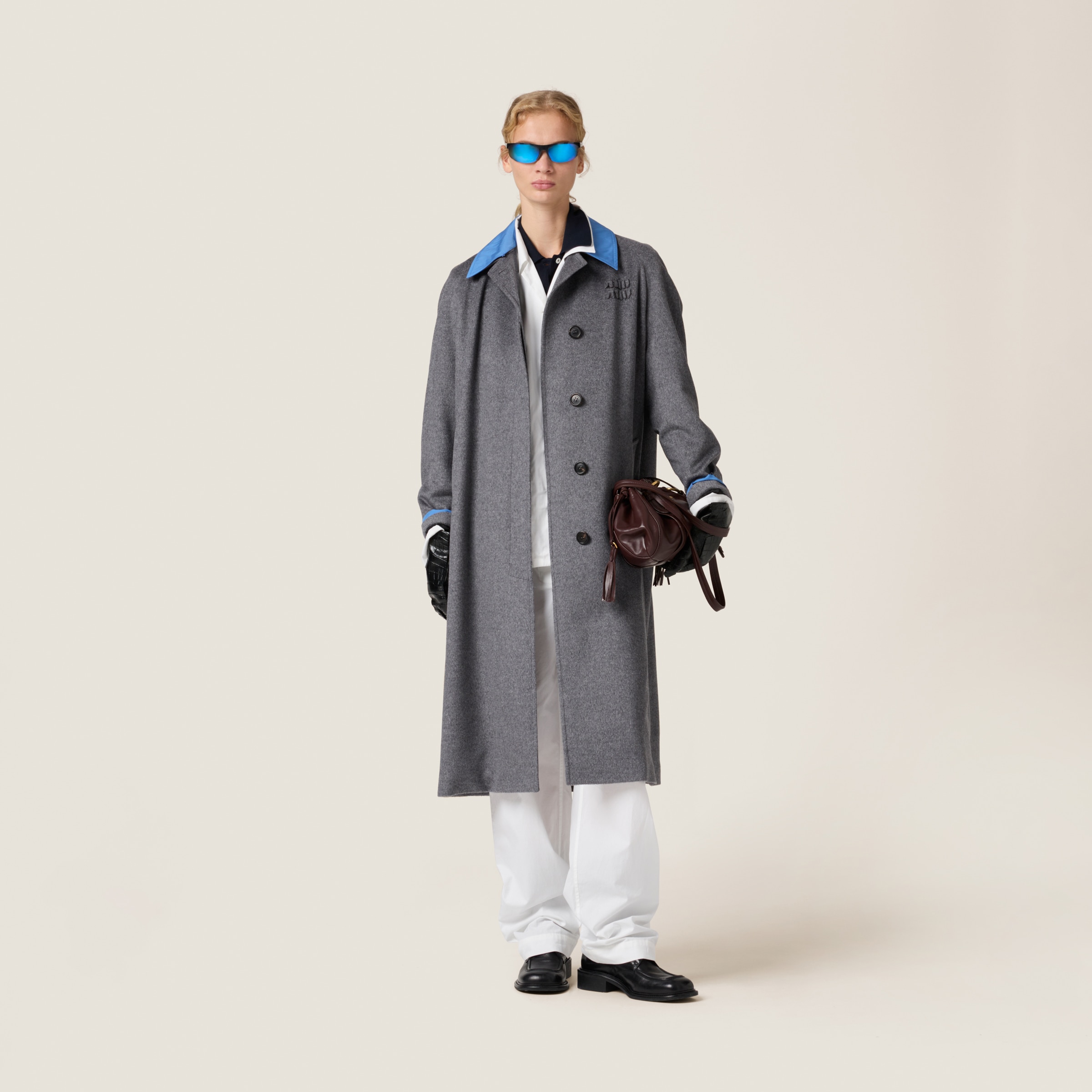 Miu Miu Single-breasted Velour Coat In Grey