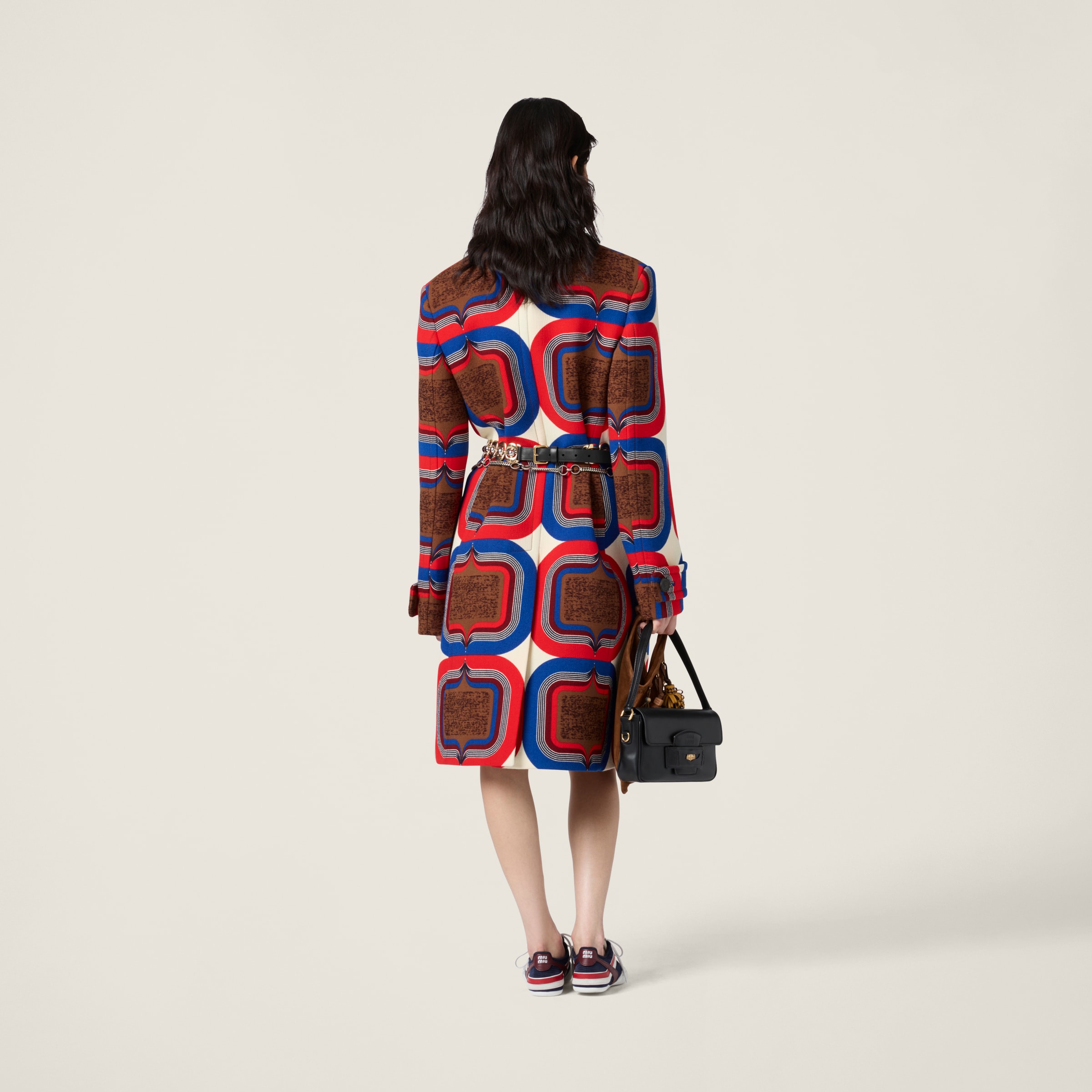 Miu Miu Double-breasted Printed Natté Coat In Ivory+tobacco