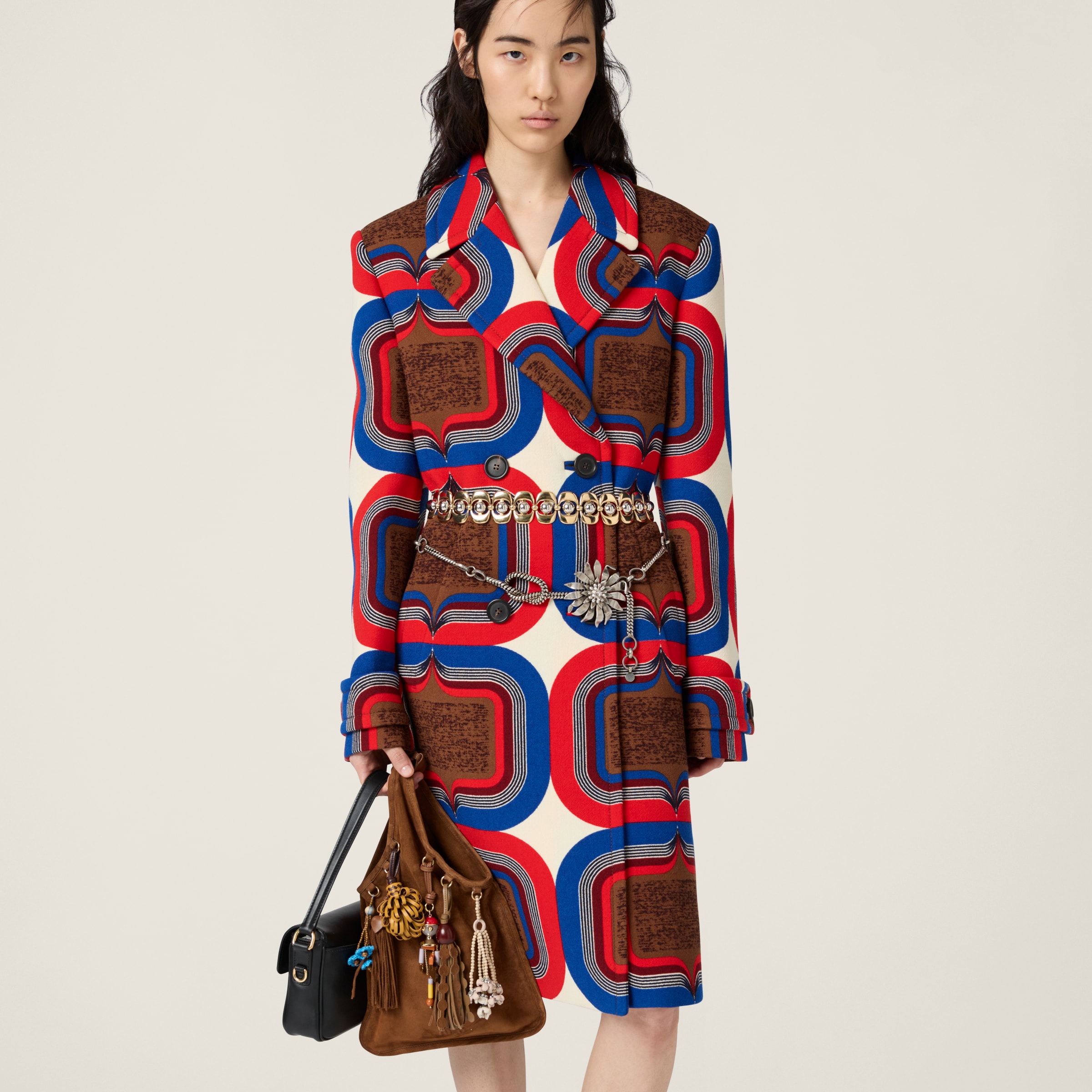 Miu Miu Double-breasted Printed Natté Coat In Ivory+tobacco