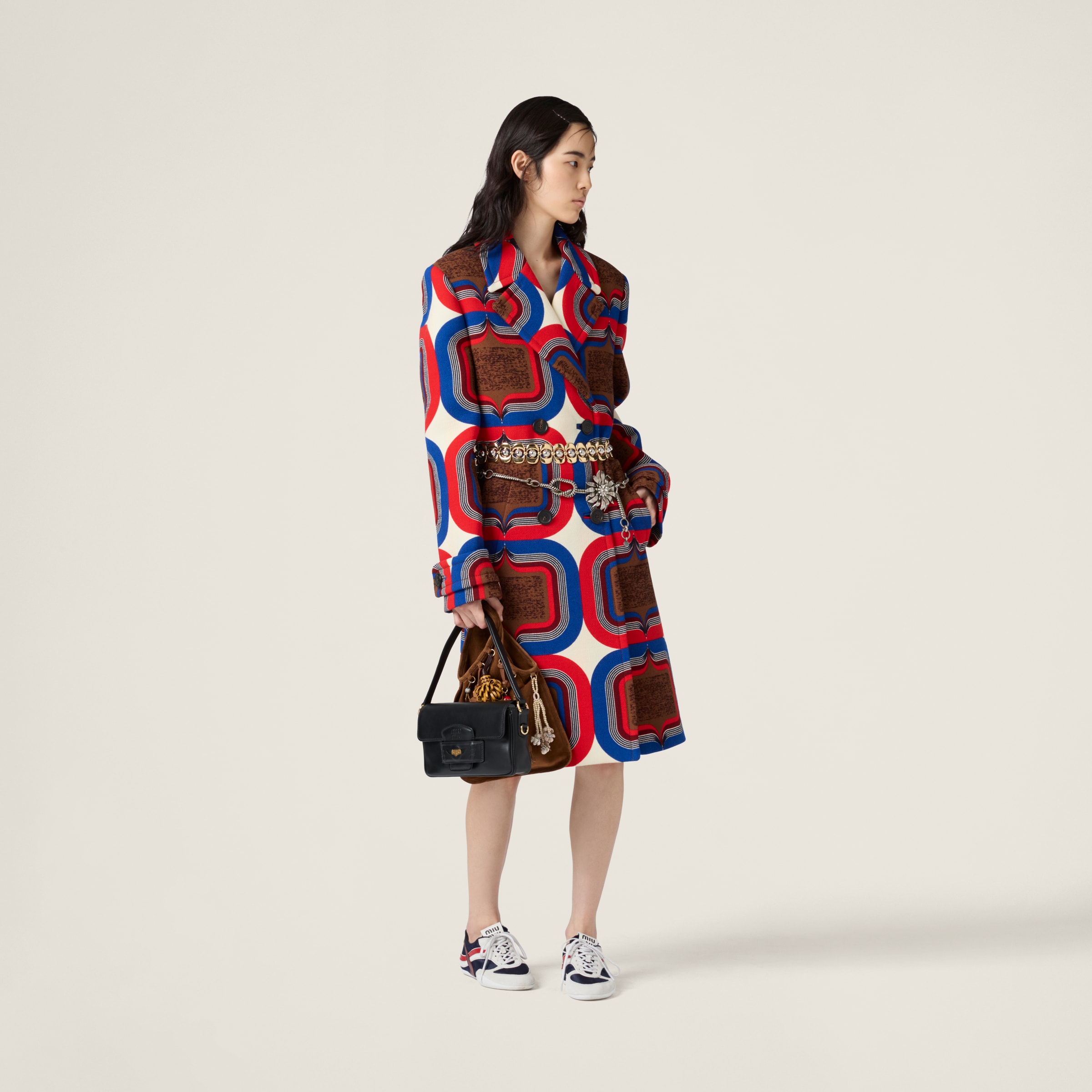 Miu Miu Double-breasted Printed Natté Coat In Ivory+tobacco