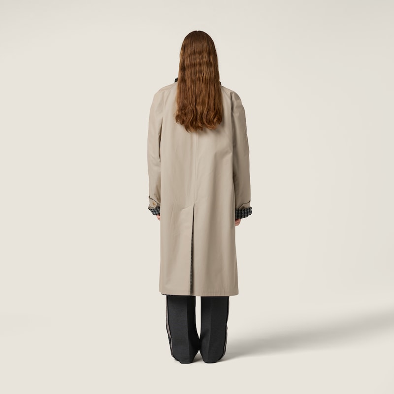 Reversible twill and check trench coat