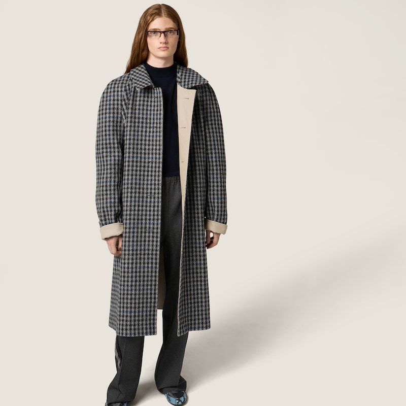 Reversible twill and check trench coat
