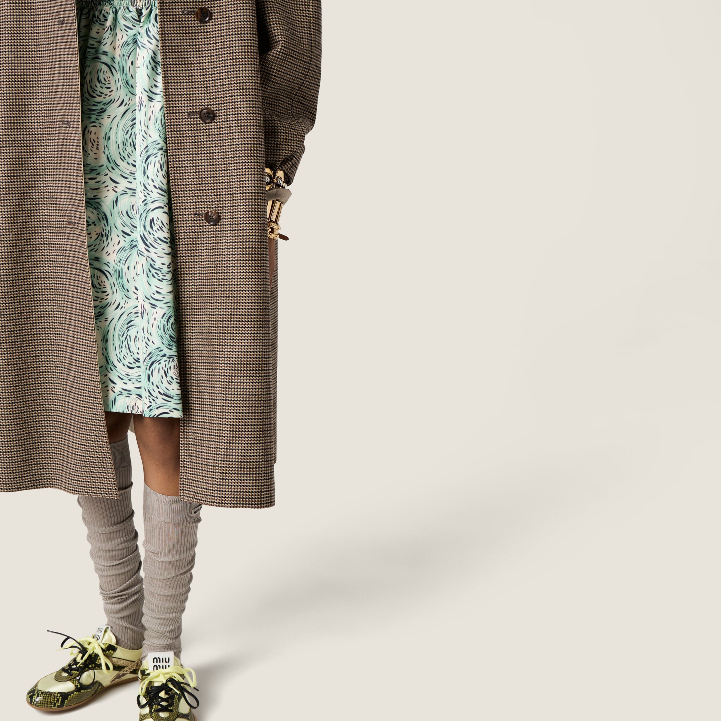 Miu Miu Reversible Single-breasted Twill And Houndstooth Check Trench Coat