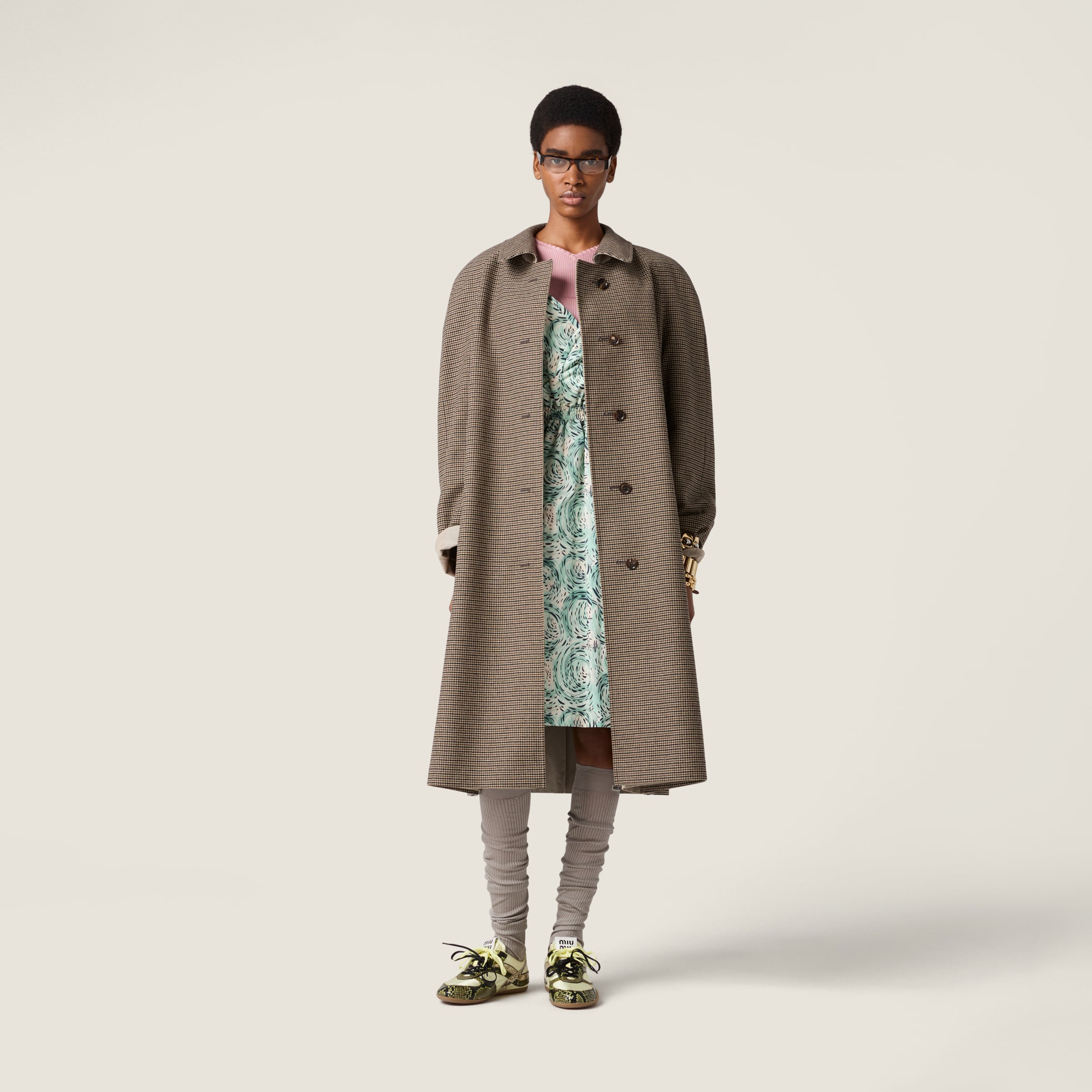 Miu Miu Reversible Single-breasted Twill And Houndstooth Check Trench Coat