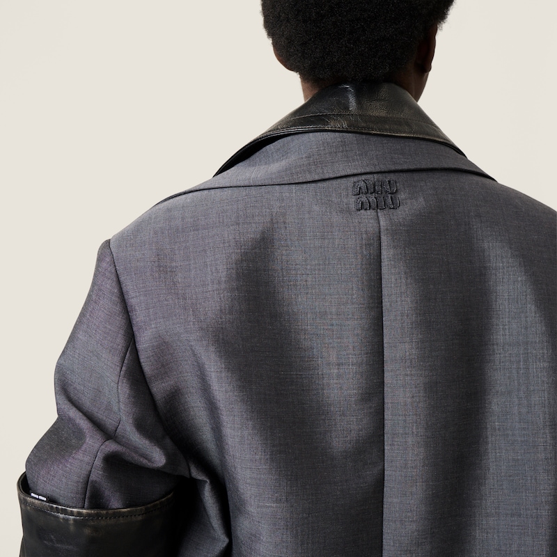 Manteau droit en mohair de chevreau et cuir