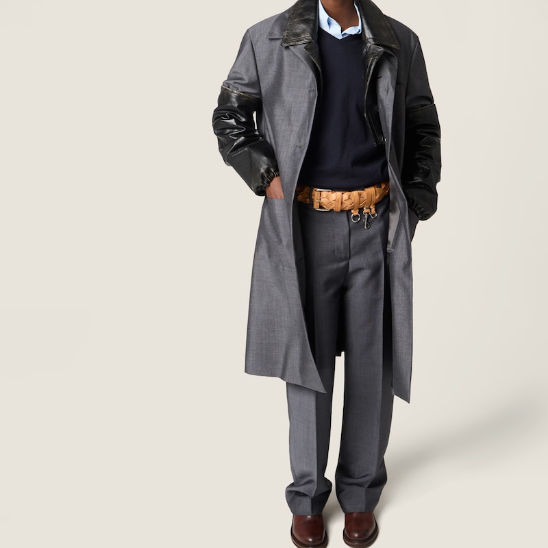 Manteau droit en mohair de chevreau et cuir