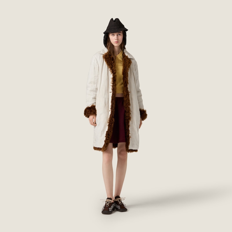Manteau droit réversible en lin et shearling