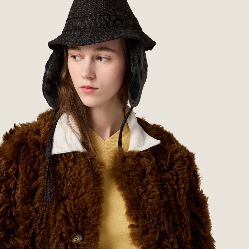 Manteau droit réversible en lin et shearling