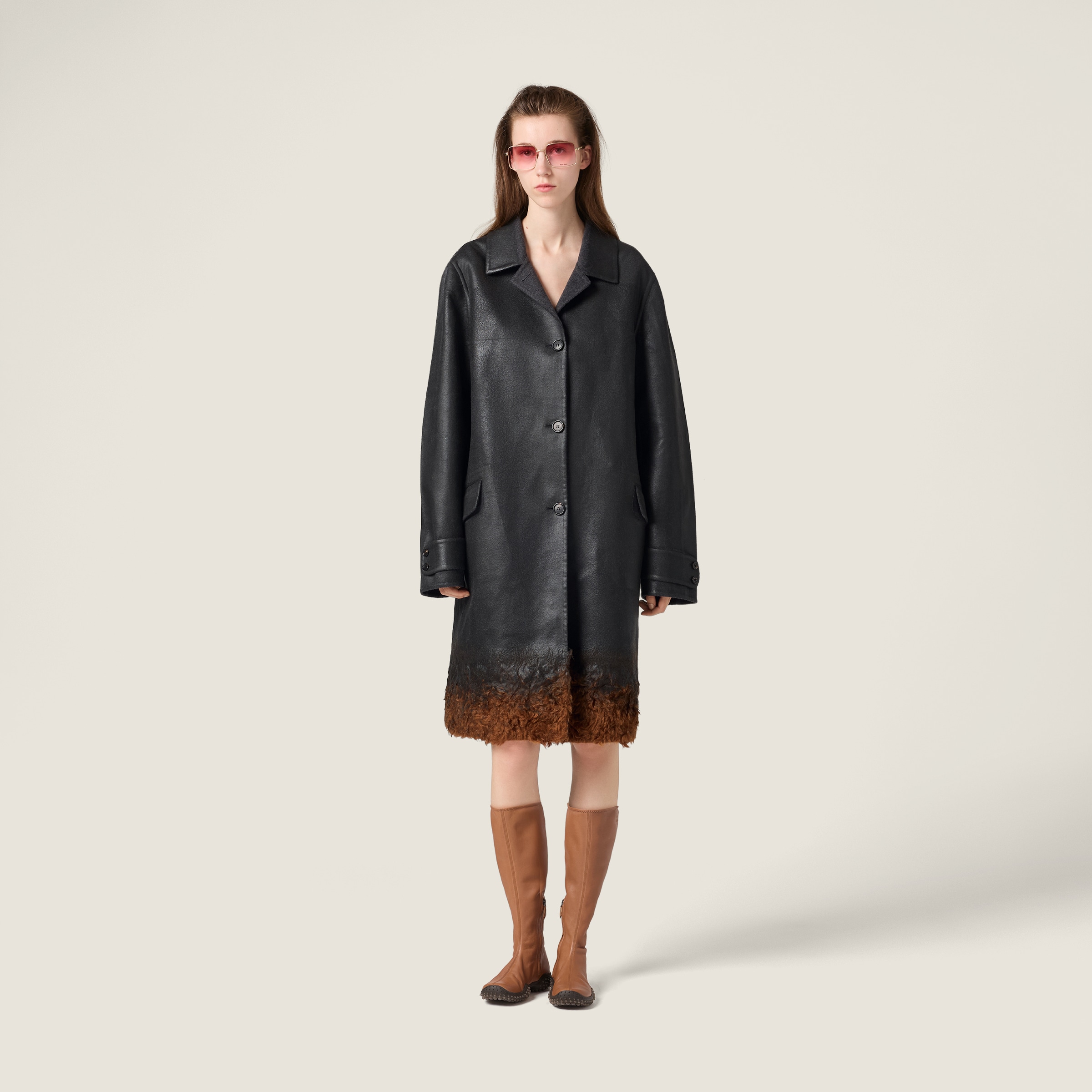 Anthracite/brown Single-breasted Double Wool And Shearling Coat