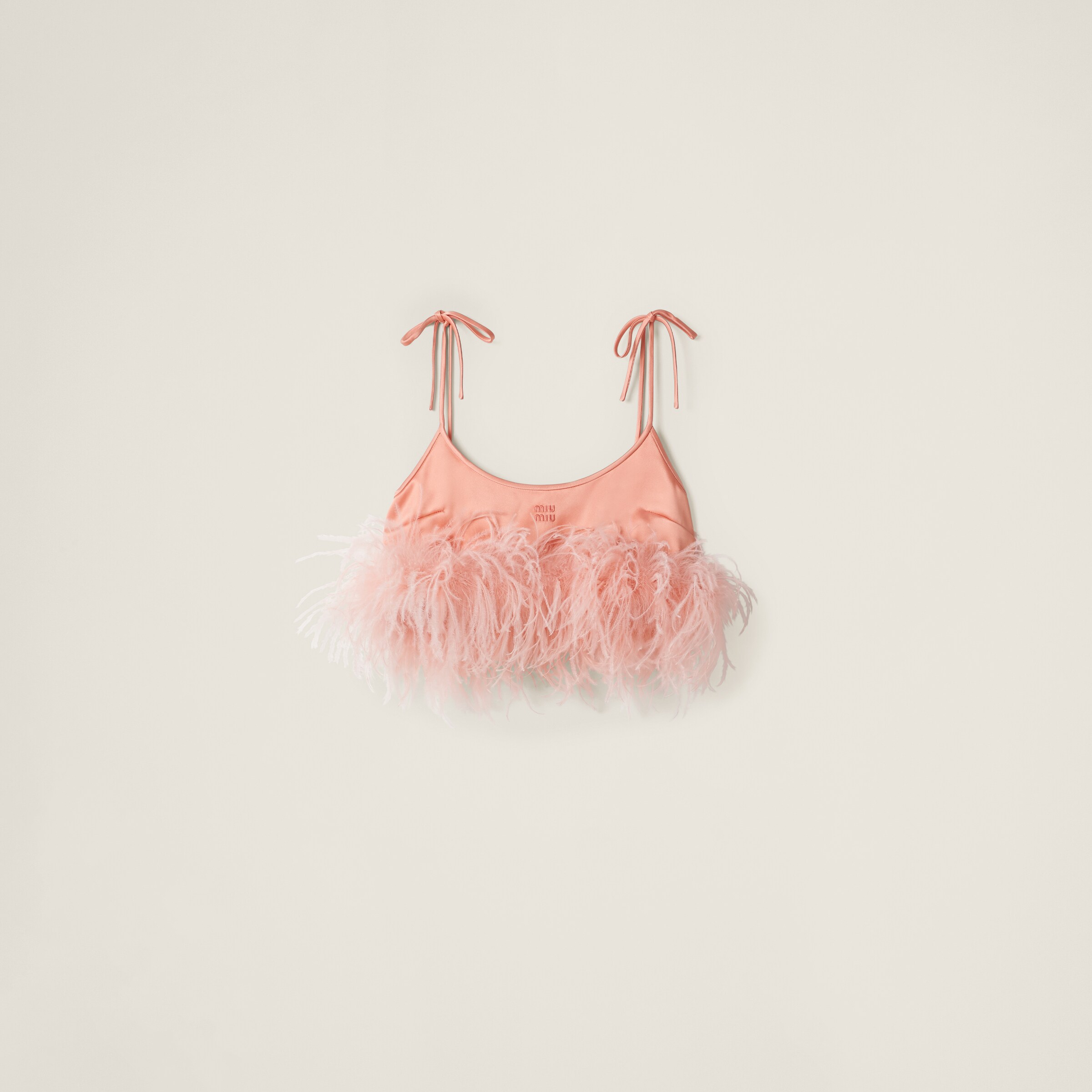 Miu Miu Feather-trimmed Satin Top In Coral