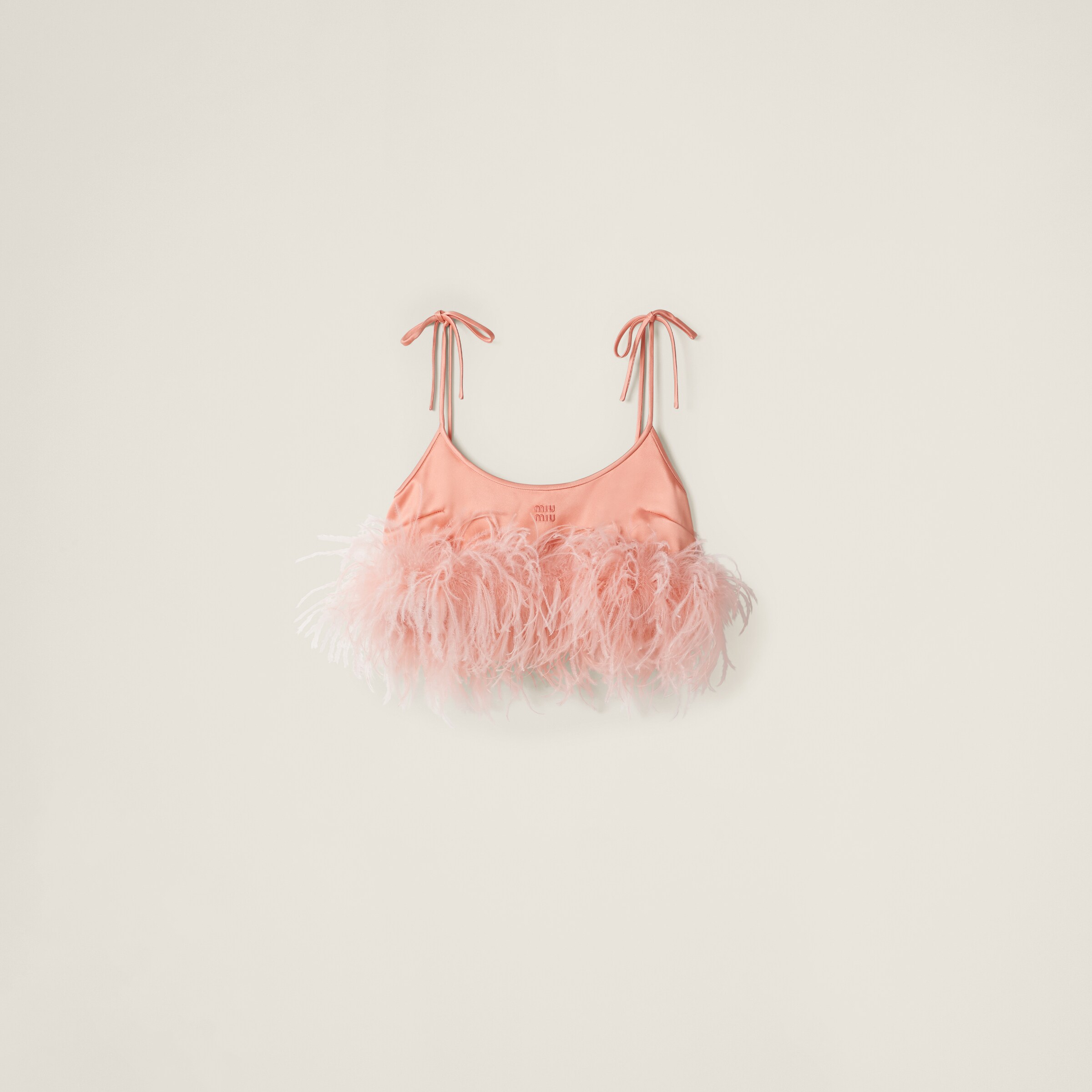 Shop Miu Miu Feather-trimmed Satin Top In Coral