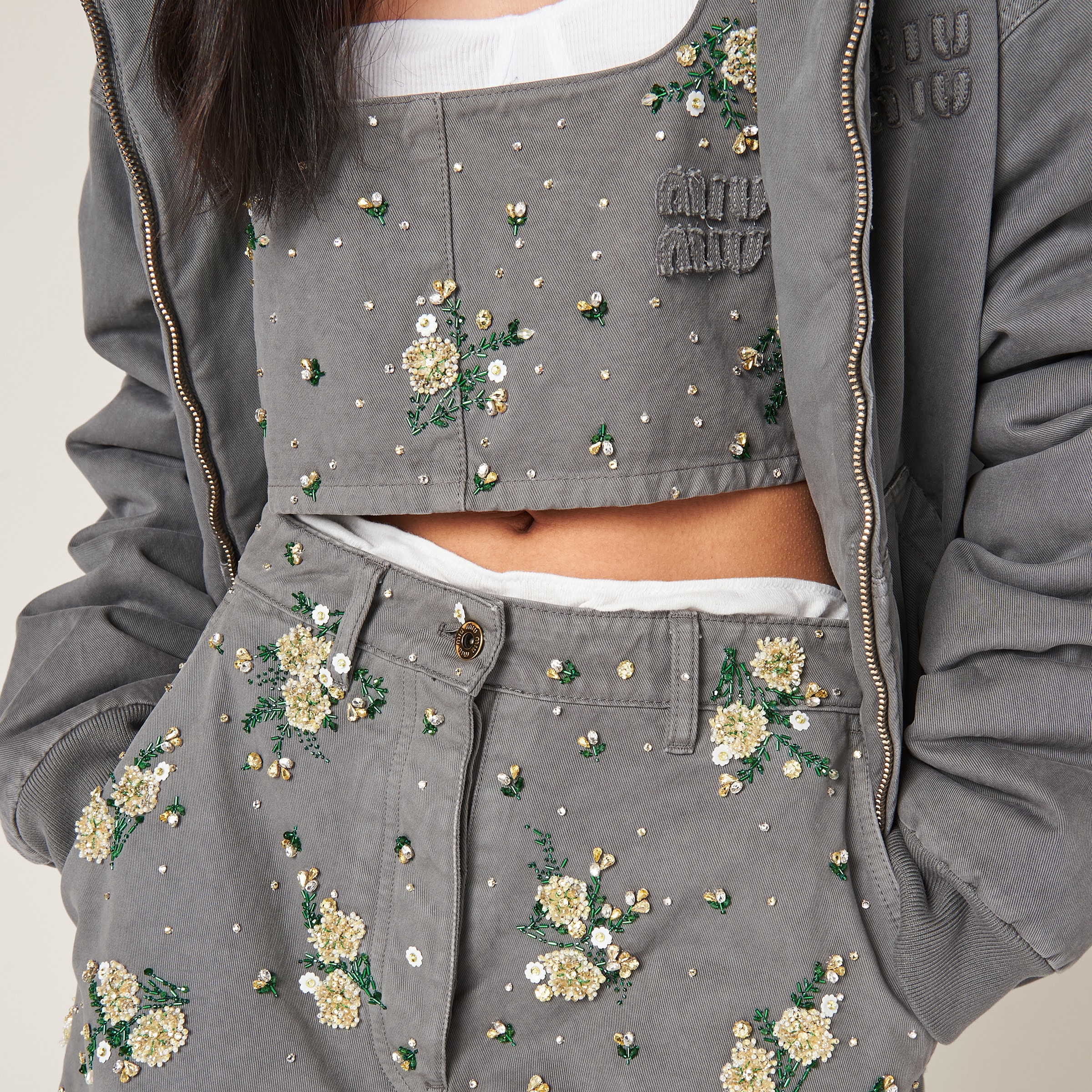 Iron Gray Embroidered Garment-dyed Gabardine Top | Miu Miu