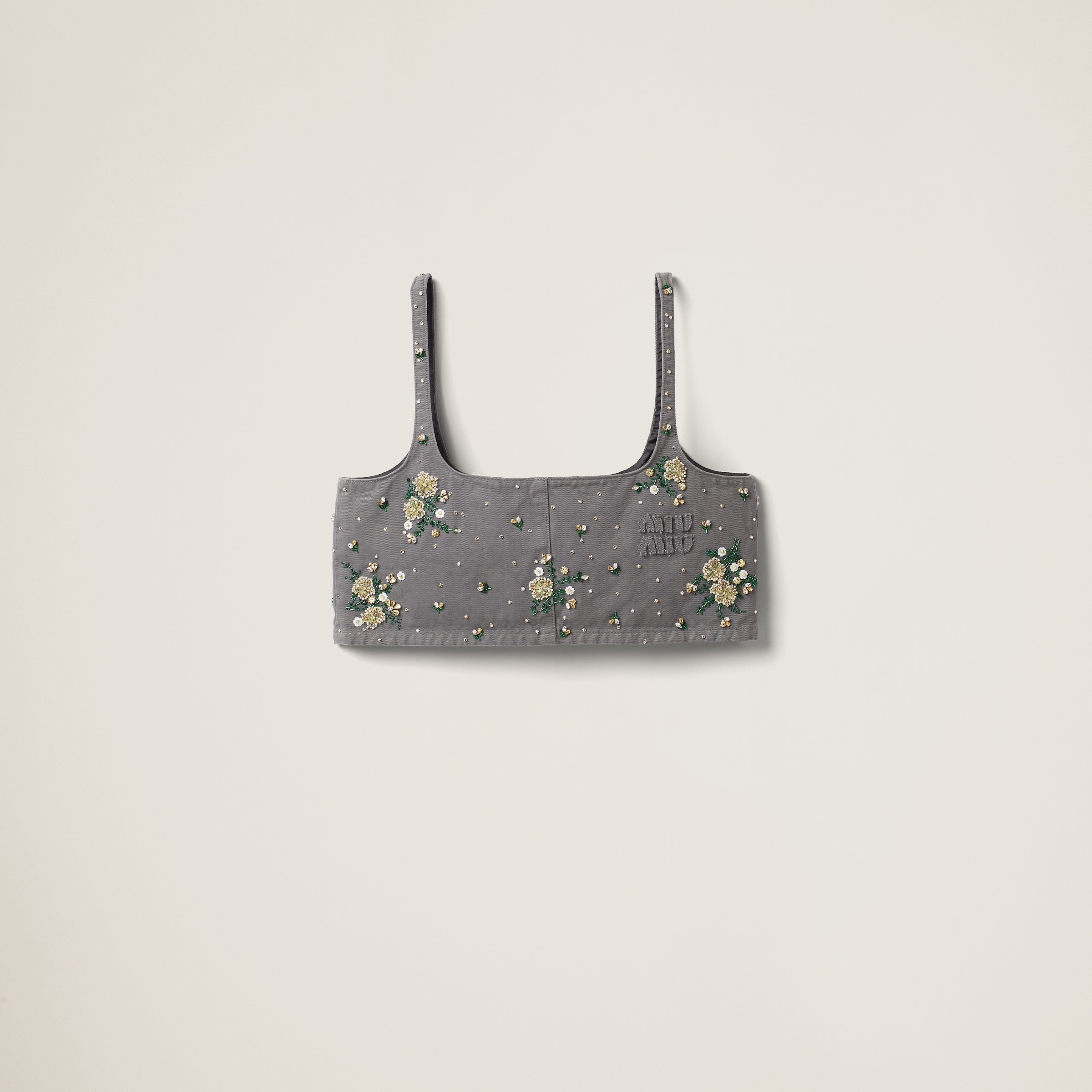 Miu Miu Floral-embellished Crop Top In Iron Gray