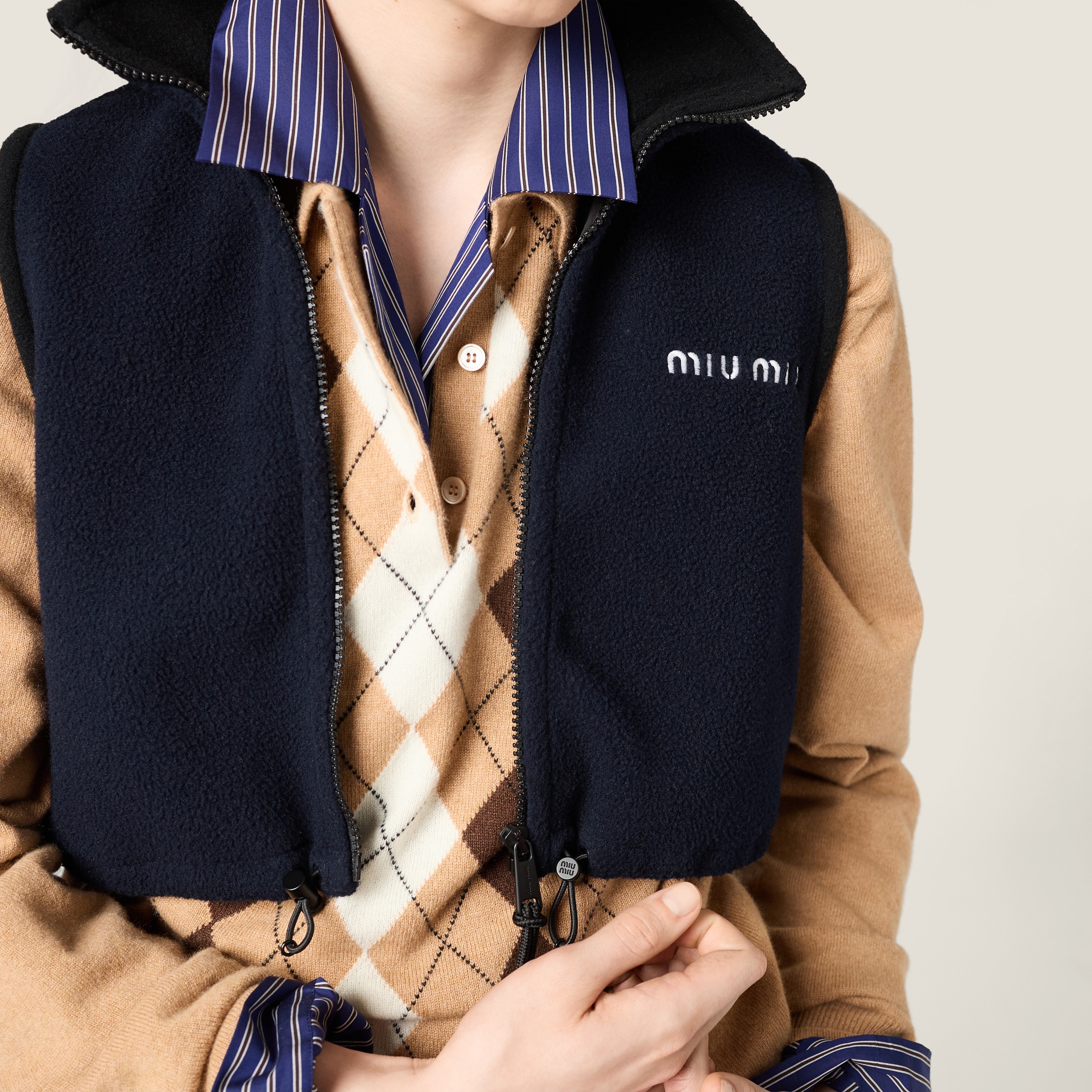 Miu Miu Sleeveless High Collar Drawstring Vest In Black