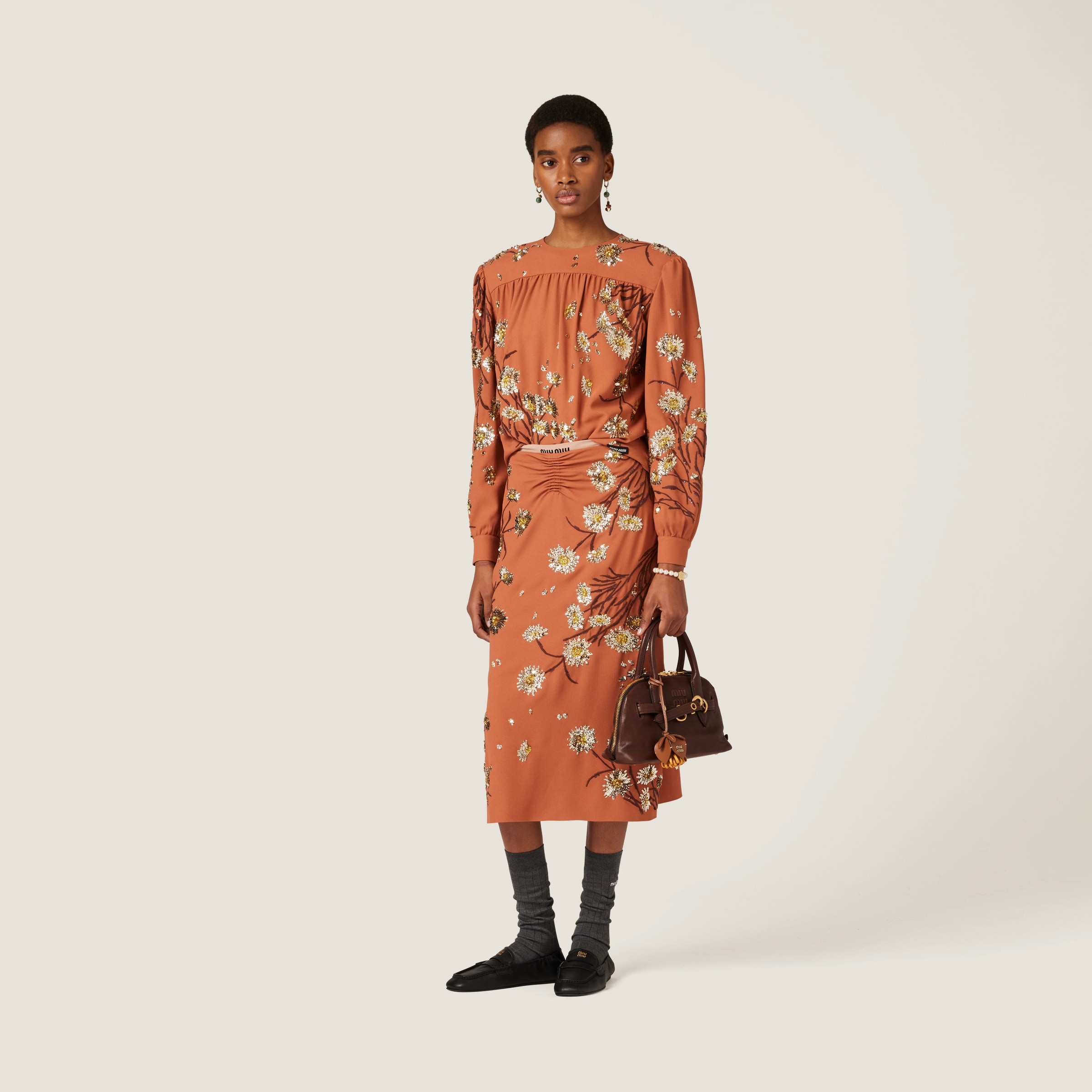 Miu Miu Embroidered Sablé Top In Terracotta