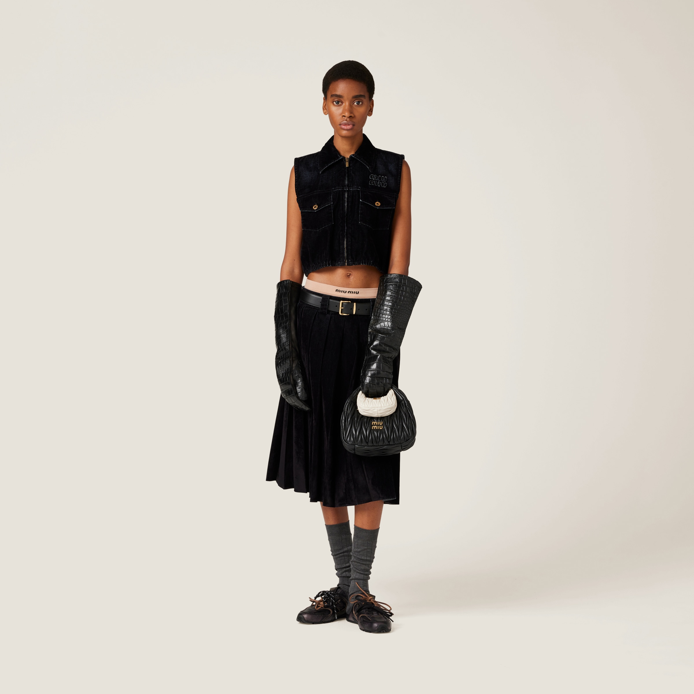 Miu Miu Washed Flocked Chambray Top In Black