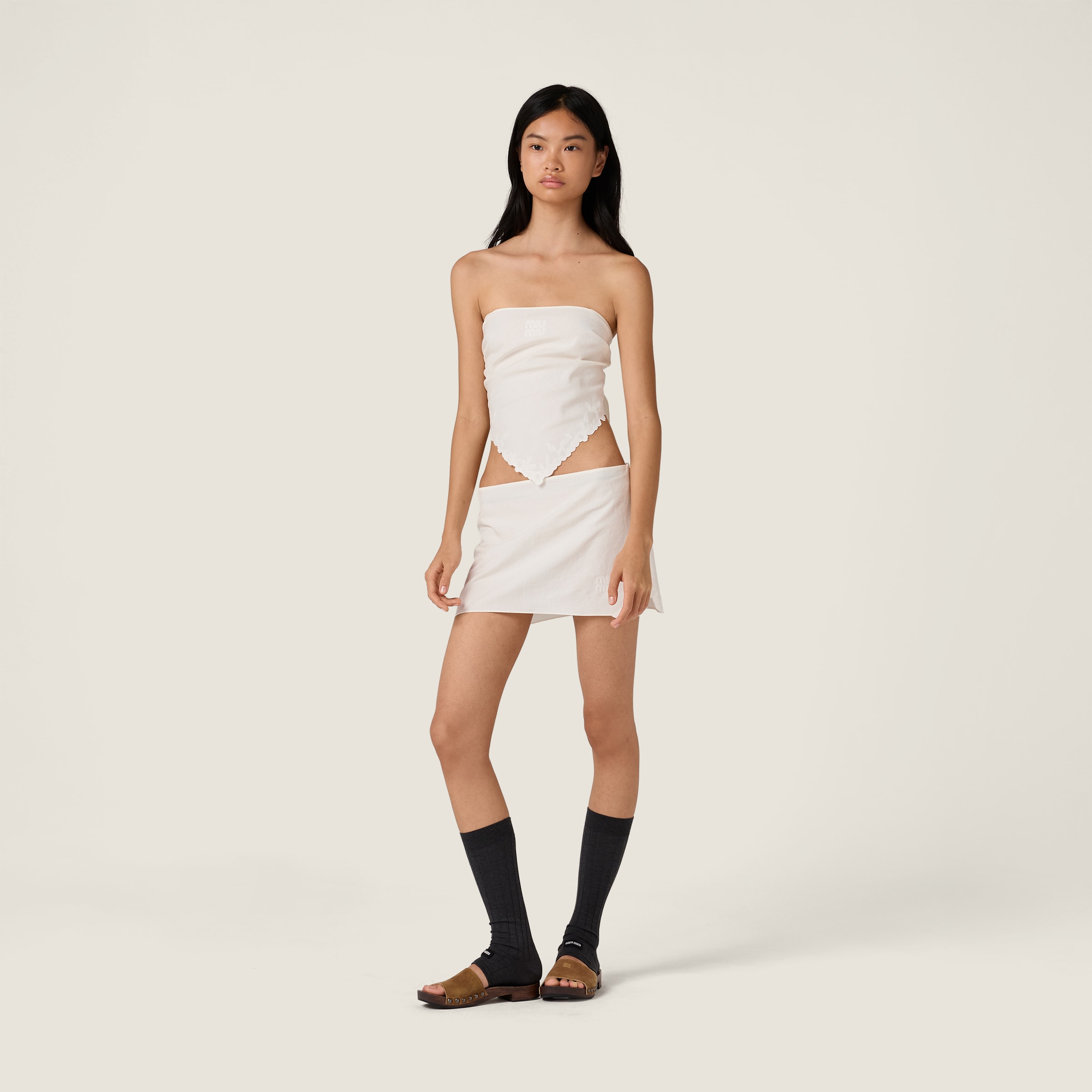 Miu Miu Embroidered Slubbed Canvas Bandana Top In White