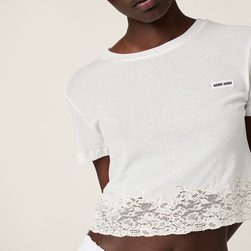 Ribbed jersey and lace T-shirt