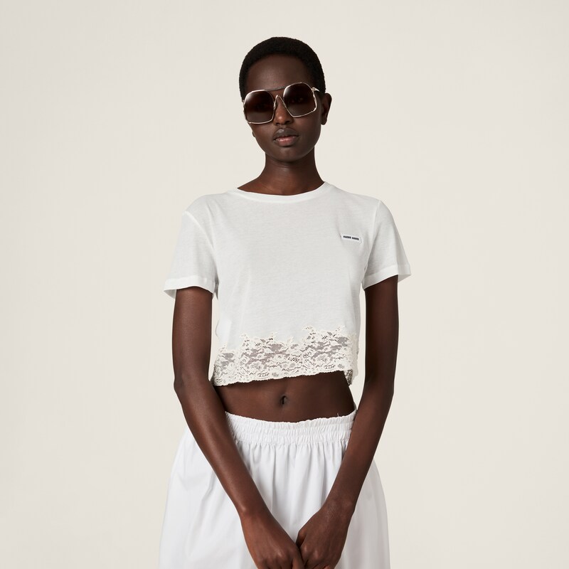 Ribbed jersey and lace T-shirt