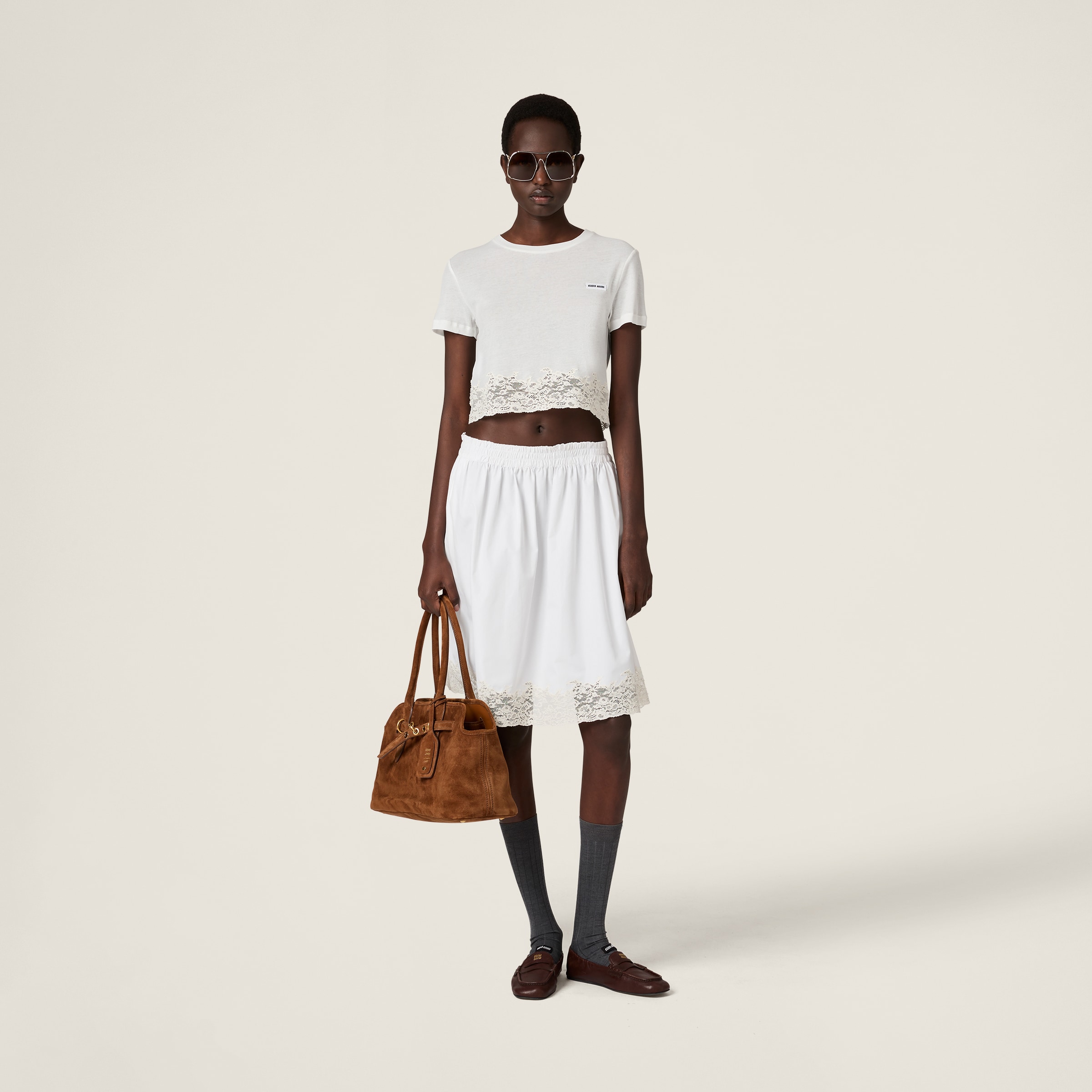 Miu Miu Ribbed Jersey And Lace T-shirt